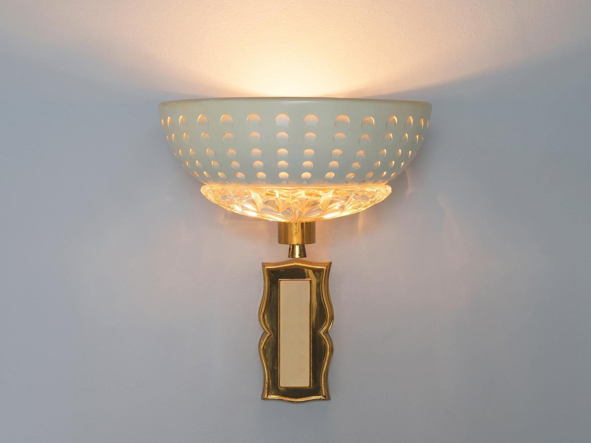 European Set of Two Wall Lights in Brass and Structured Glass