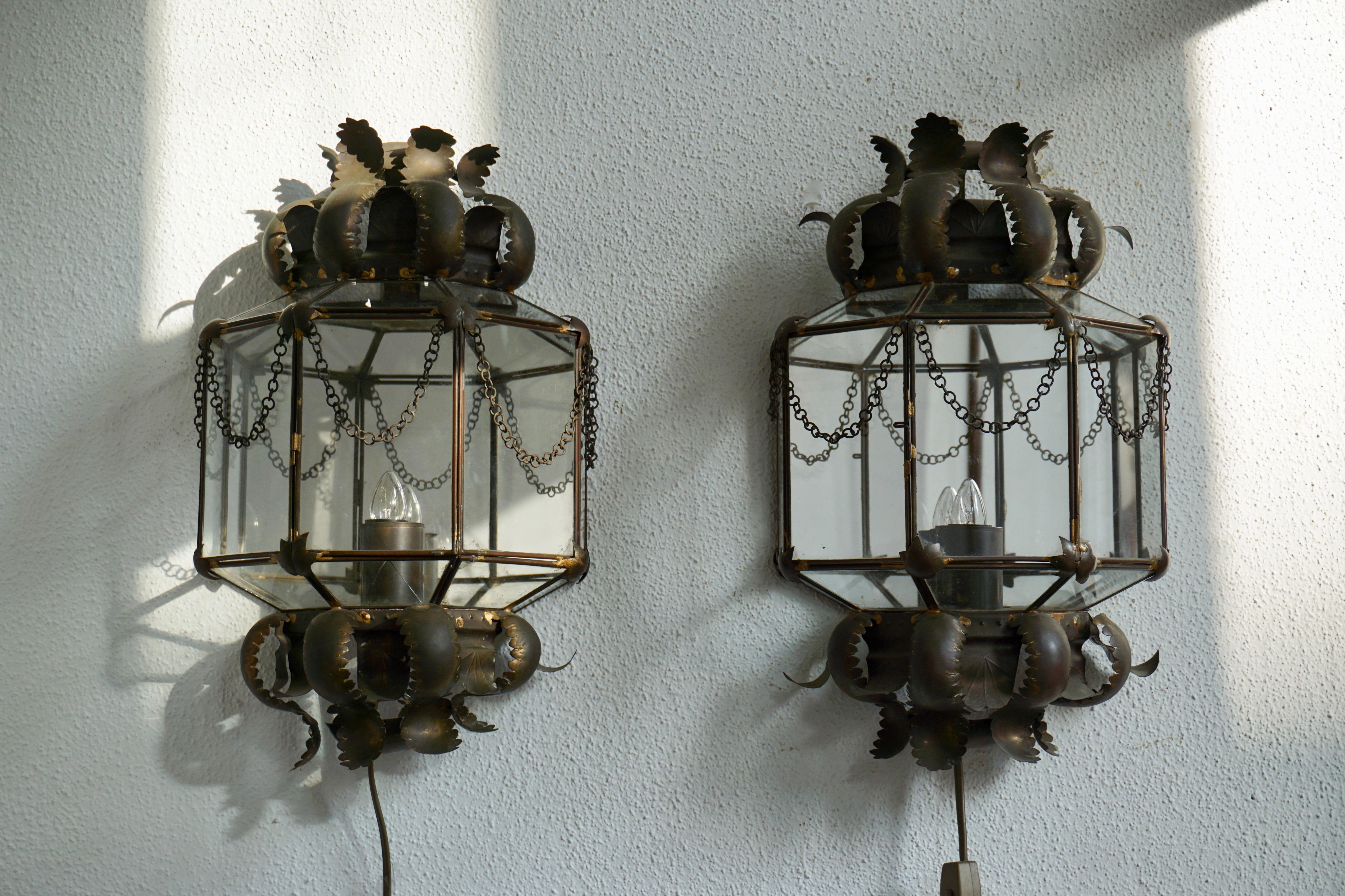 Mid-Century Modern Set of Two Wall Lights Sconces in Copper and Glass