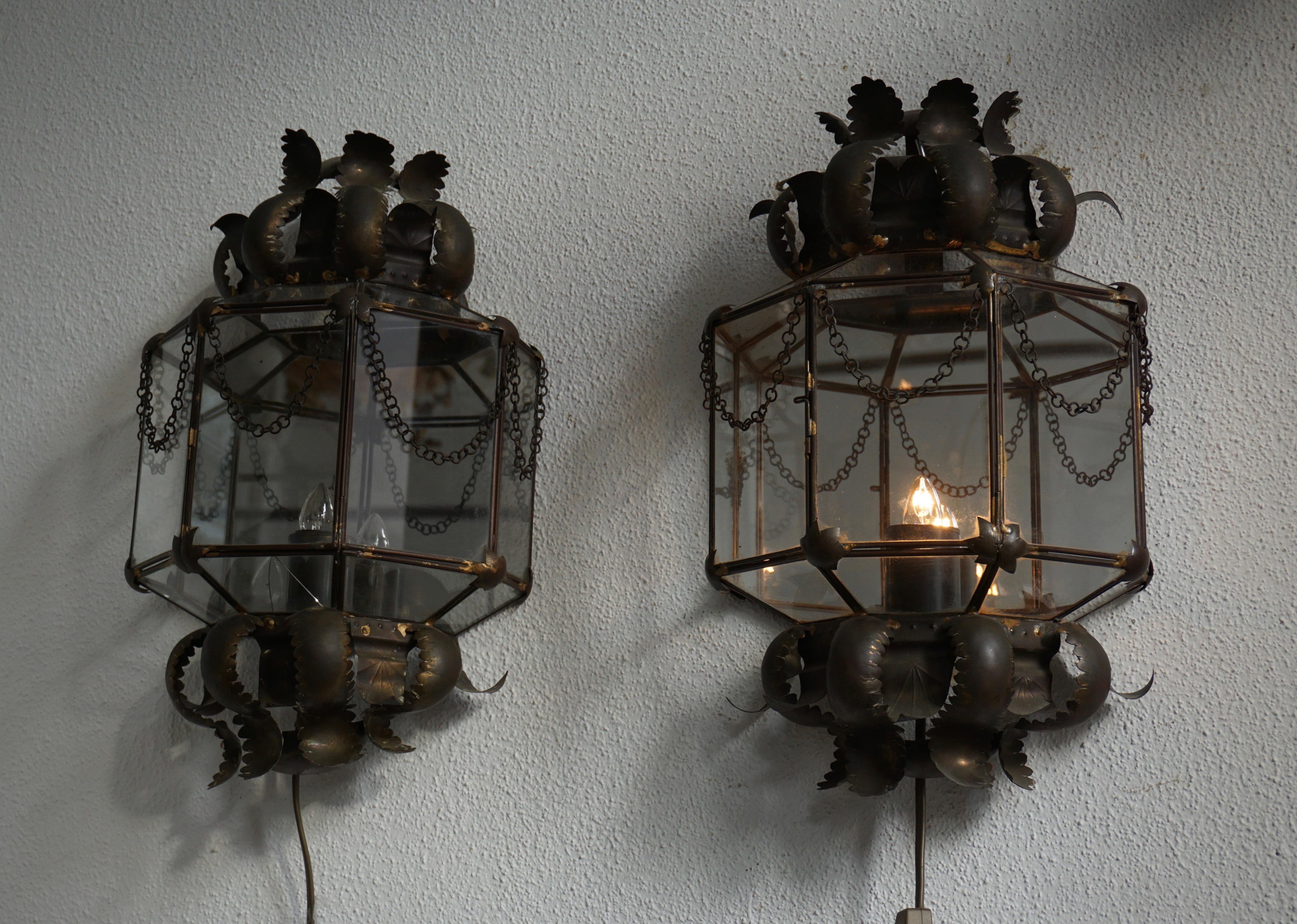 Set of Two Wall Lights Sconces in Copper and Glass In Good Condition In Antwerp, BE