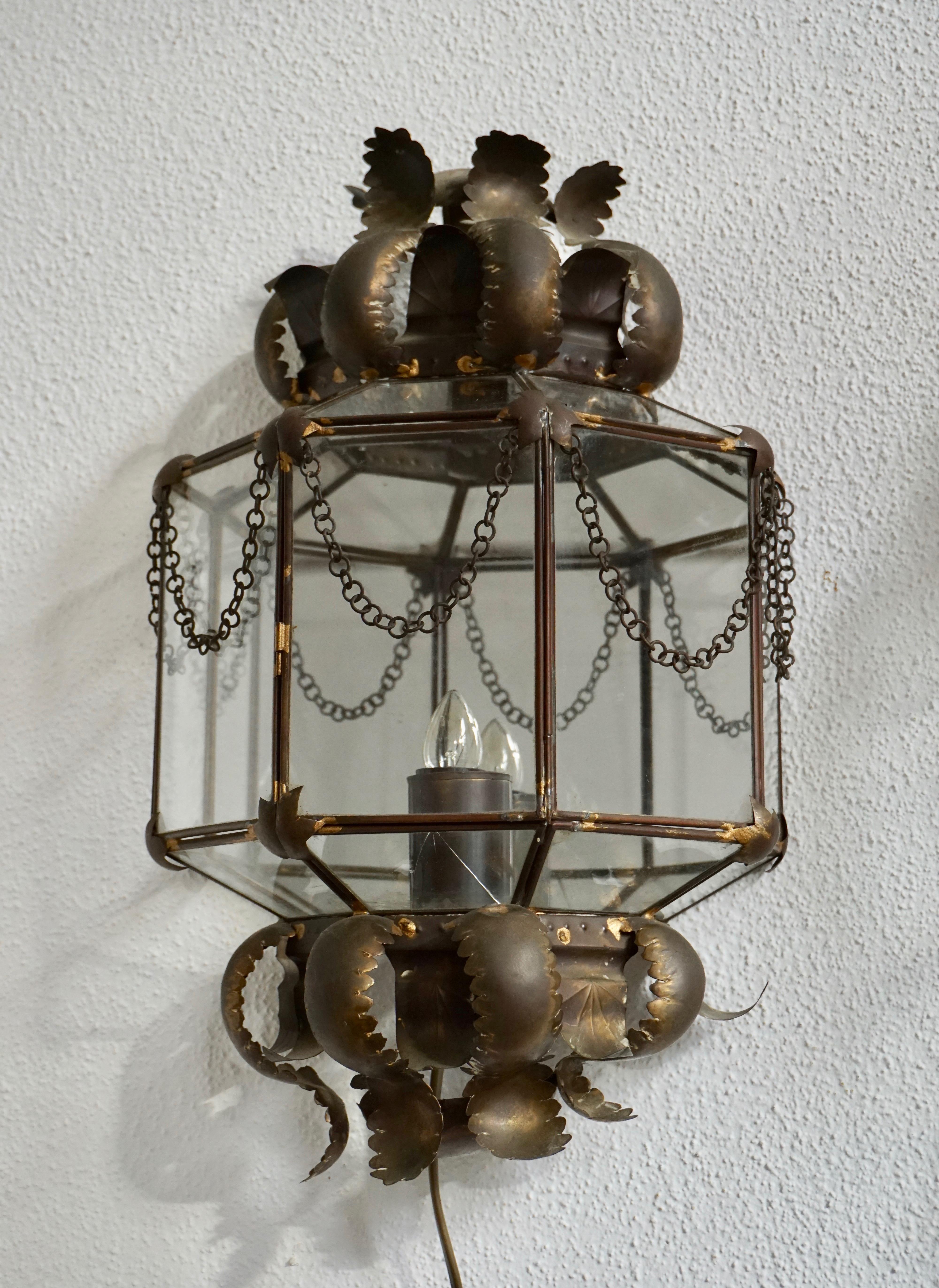 20th Century Set of Two Wall Lights Sconces in Copper and Glass