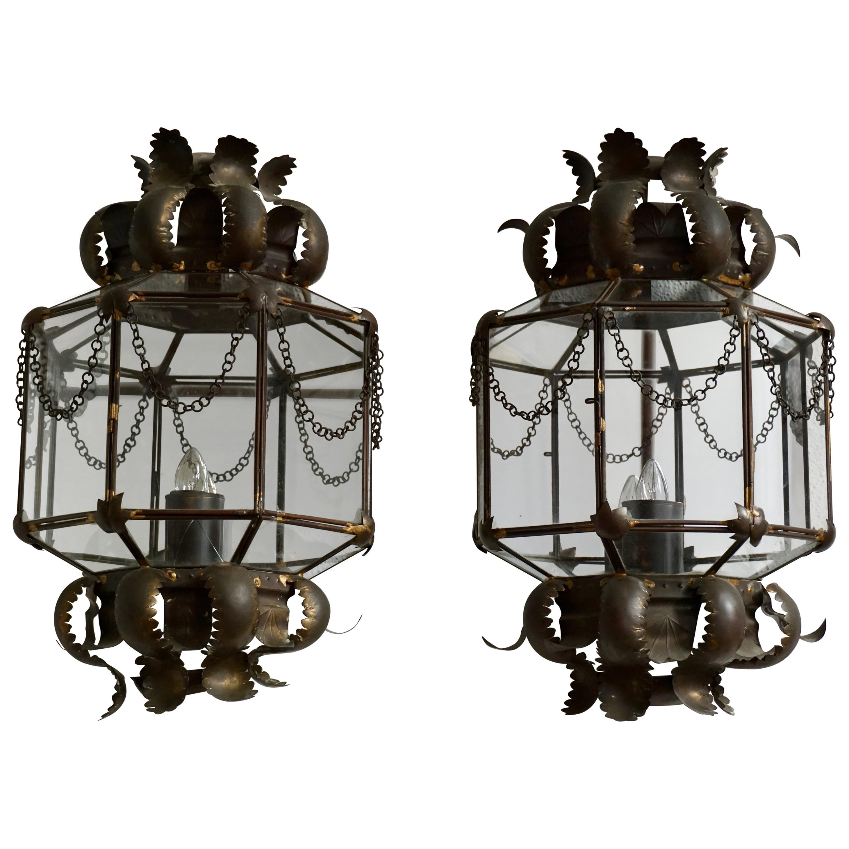 Set of Two Wall Lights Sconces in Copper and Glass