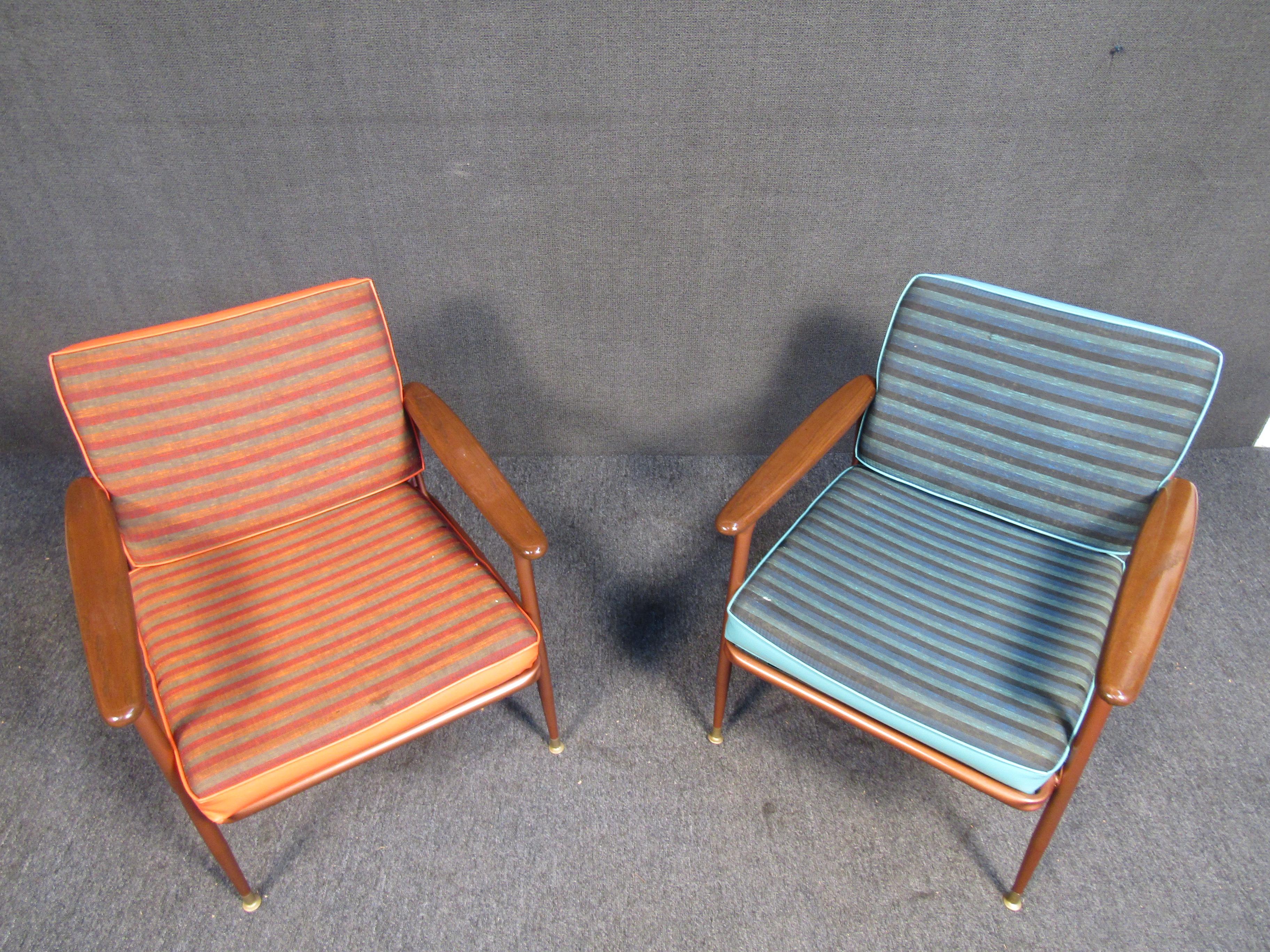 A unique set of vintage arm chairs by Viko Baumritter featuring copper frames, walnut armrests, and contrasting striped upholstery. Please confirm item location with seller (NY/NJ).