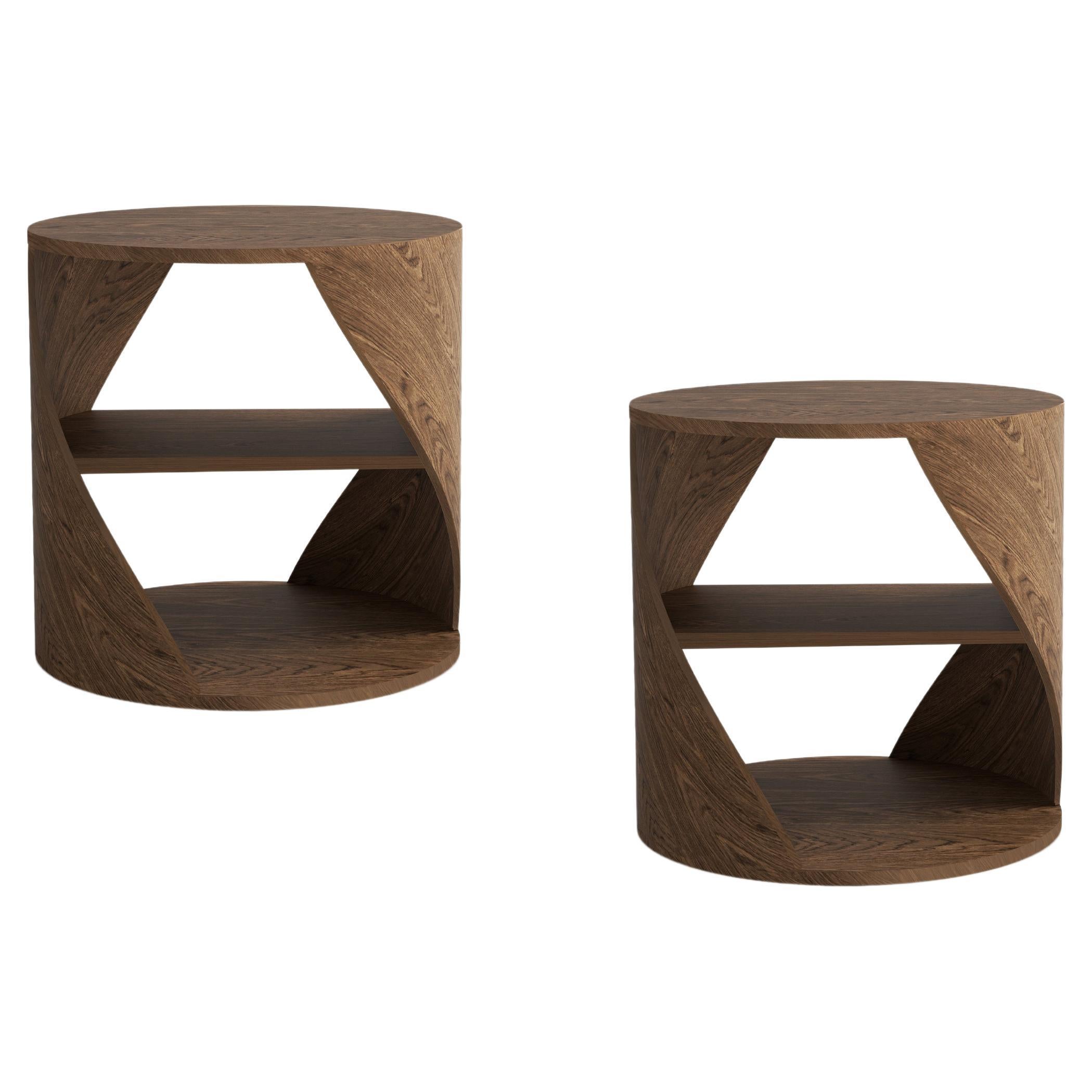 Set of Two MYDNA Side Table, Nightstand in Walnut Wood Finish by Joel Escalona