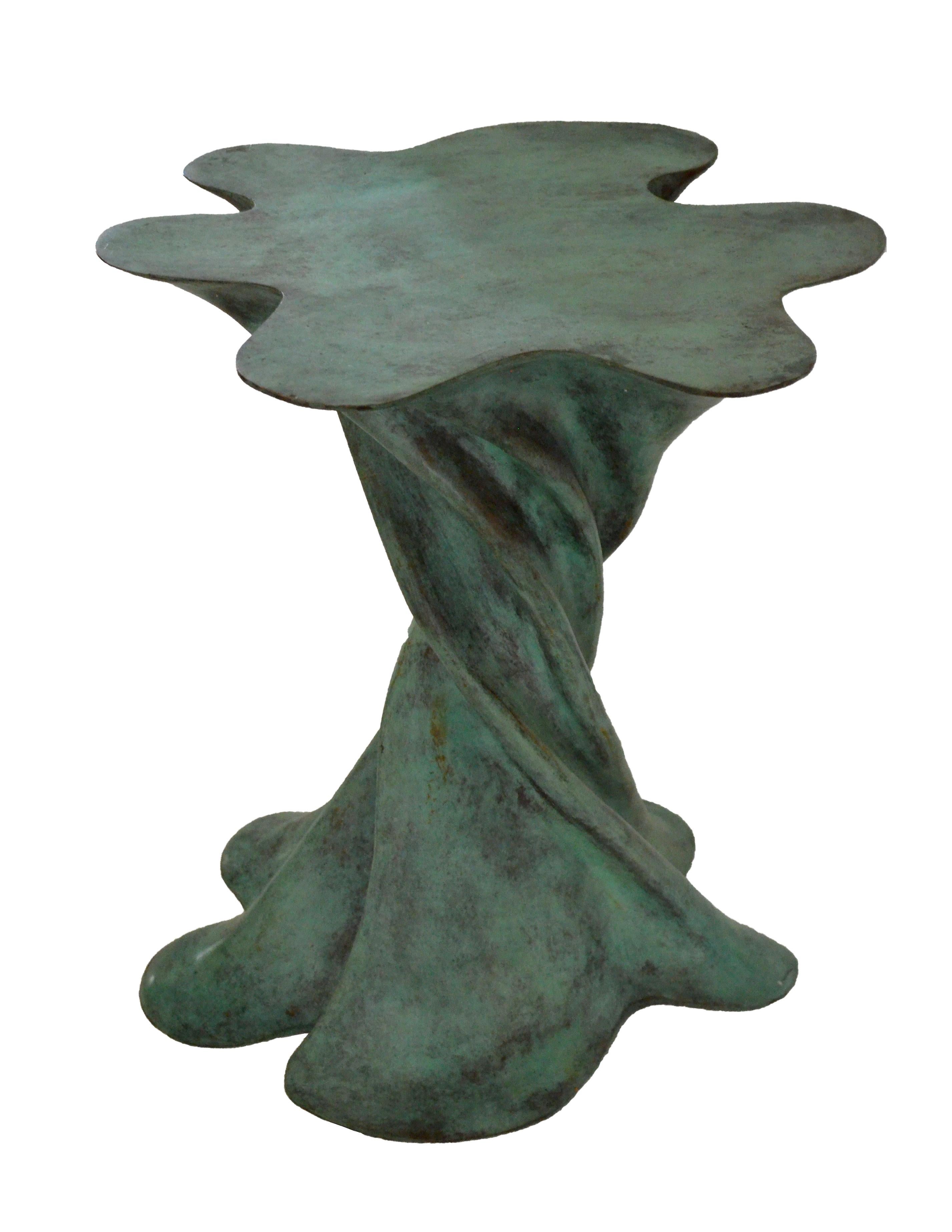 Hand-Carved Set of Two Waltz Tables Green Patina Handcrafted in India by Stephanie Odegard For Sale
