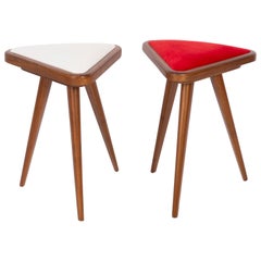 Retro Set of Two White and Red Velvet 20th Century Stools, 1960s