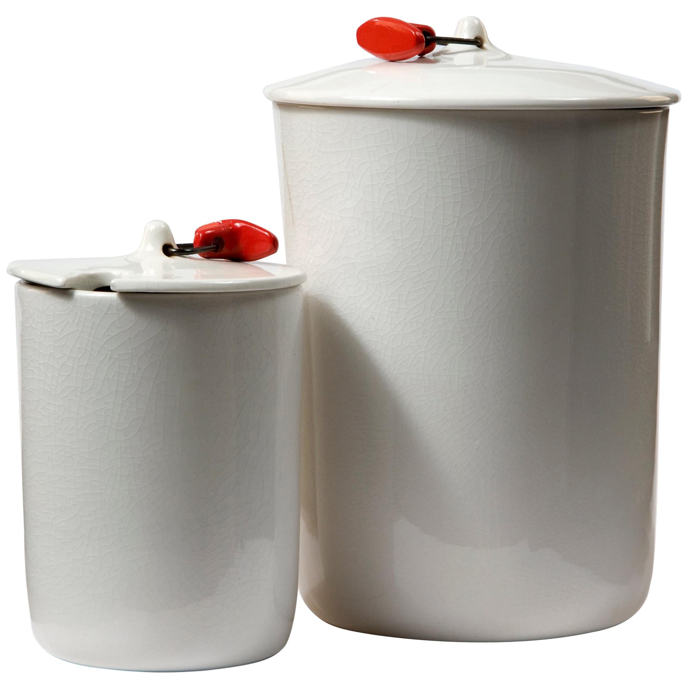 Set of Two White Ceramic Canisters by La Gardo Tackett