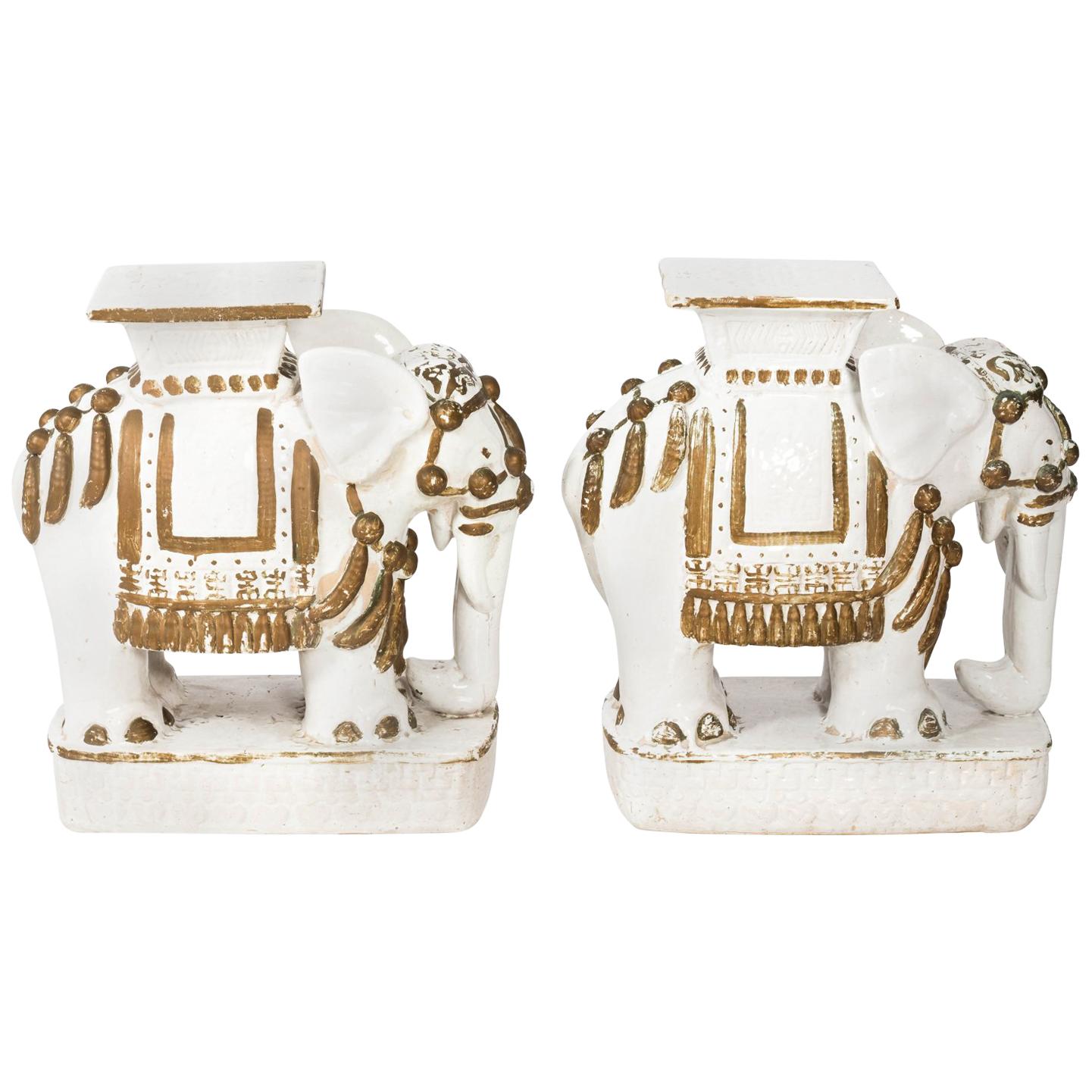 Set of Two White Painted Ceramic Elephant Garden Stools For Sale
