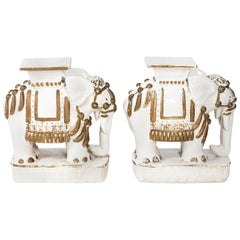 Set of Two White Painted Ceramic Elephant Garden Stools