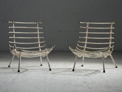 Set of Two White Rib Chairs in Metal and Brass, Brazil, 1950's