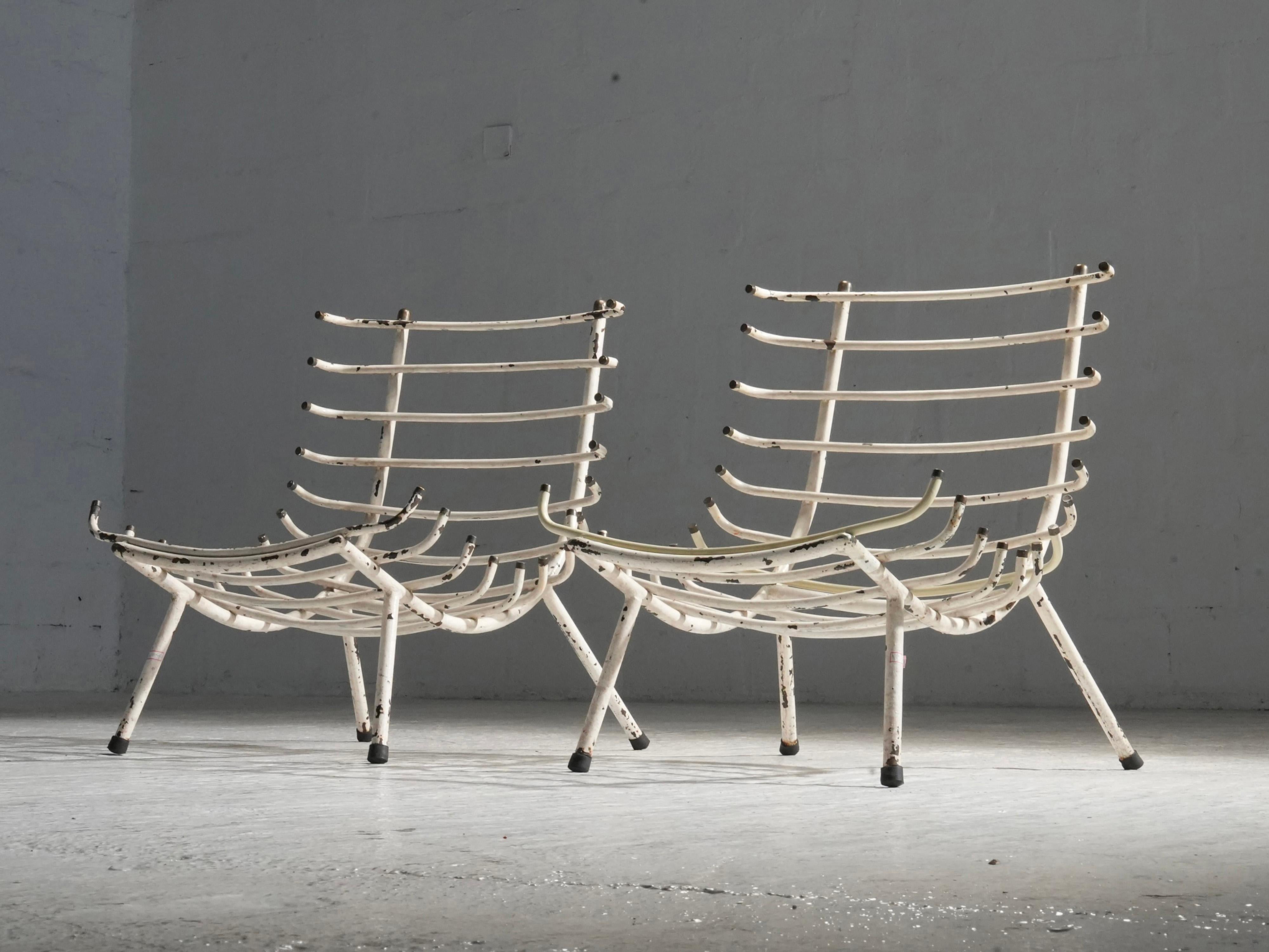 Brazilian Set of Two White Rib Chairs in Metal and Brass, Brazil, 1950's For Sale