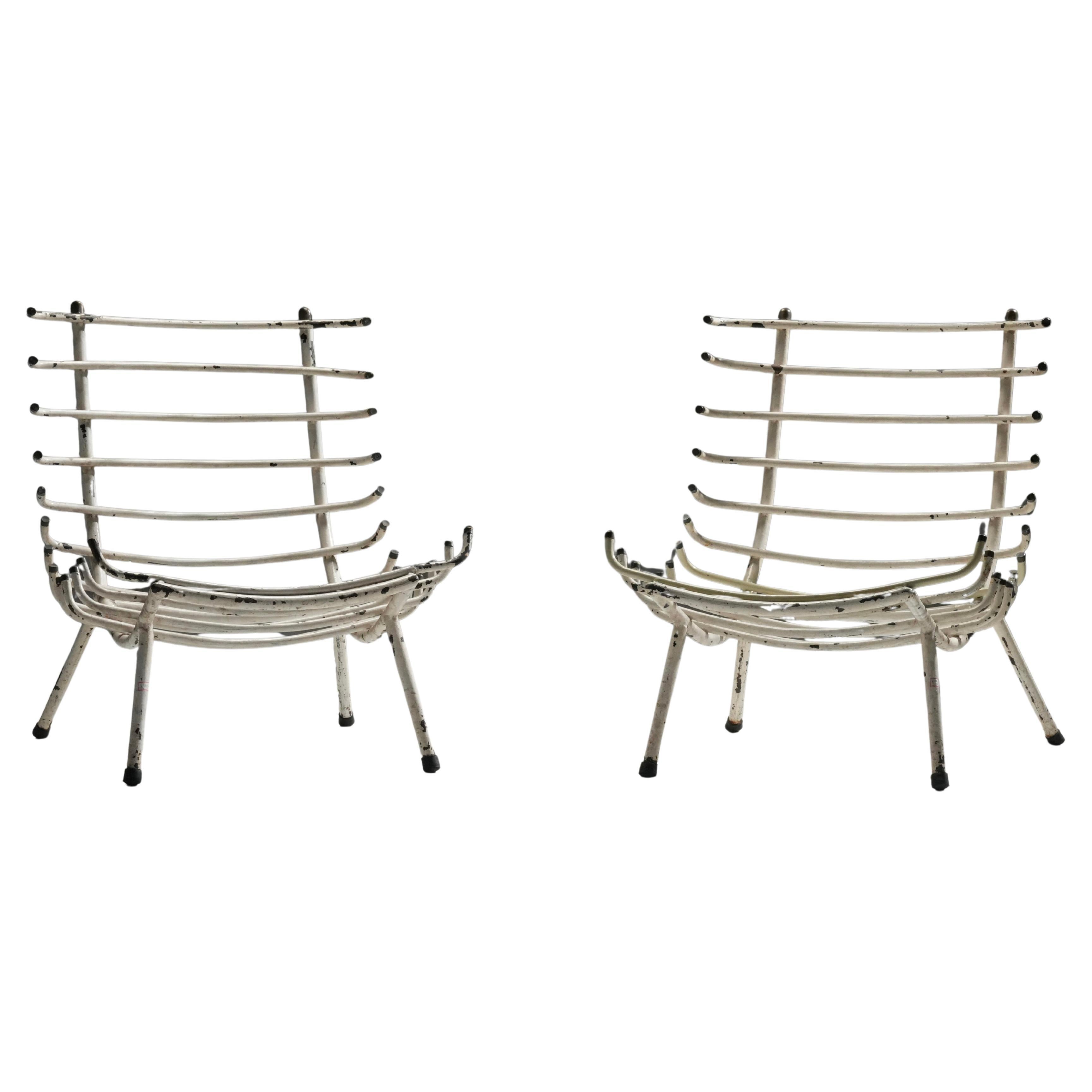 Set of Two White Rib Chairs in Metal and Brass, Brazil, 1950's For Sale