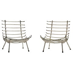 Set of Two White Rib Chairs in Metal and Brass, Brazil, 1950's