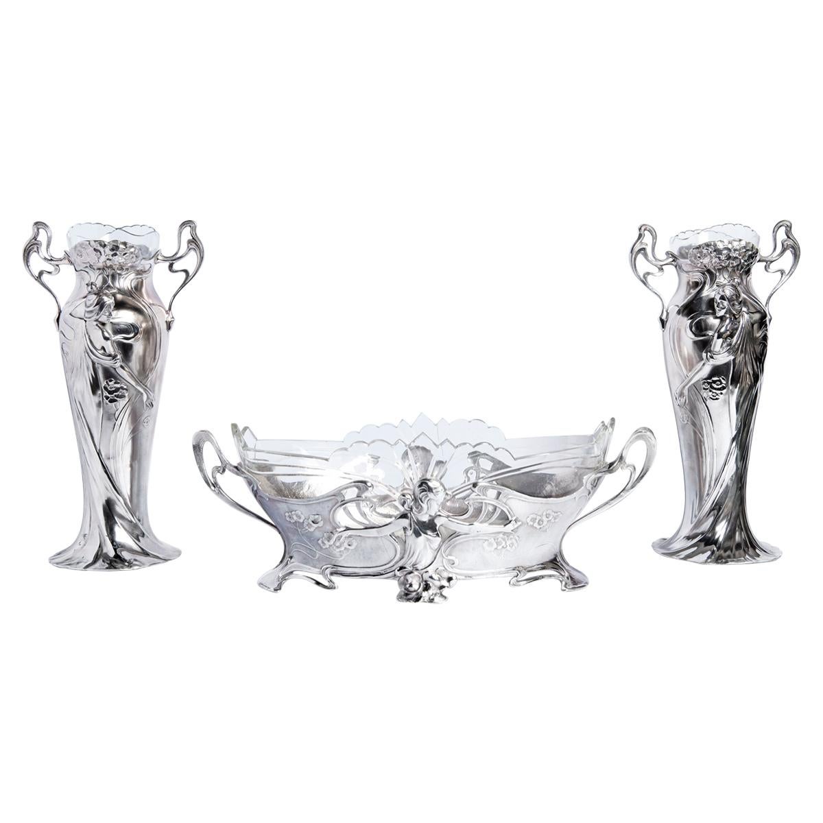 Set of Two W.M.F. Silver Plate Flower Vases and Jardinière, Jugendstil Period For Sale