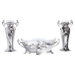 Set of Two W.M.F. Silver Plate Flower Vases and Jardinière, Jugendstil Period
