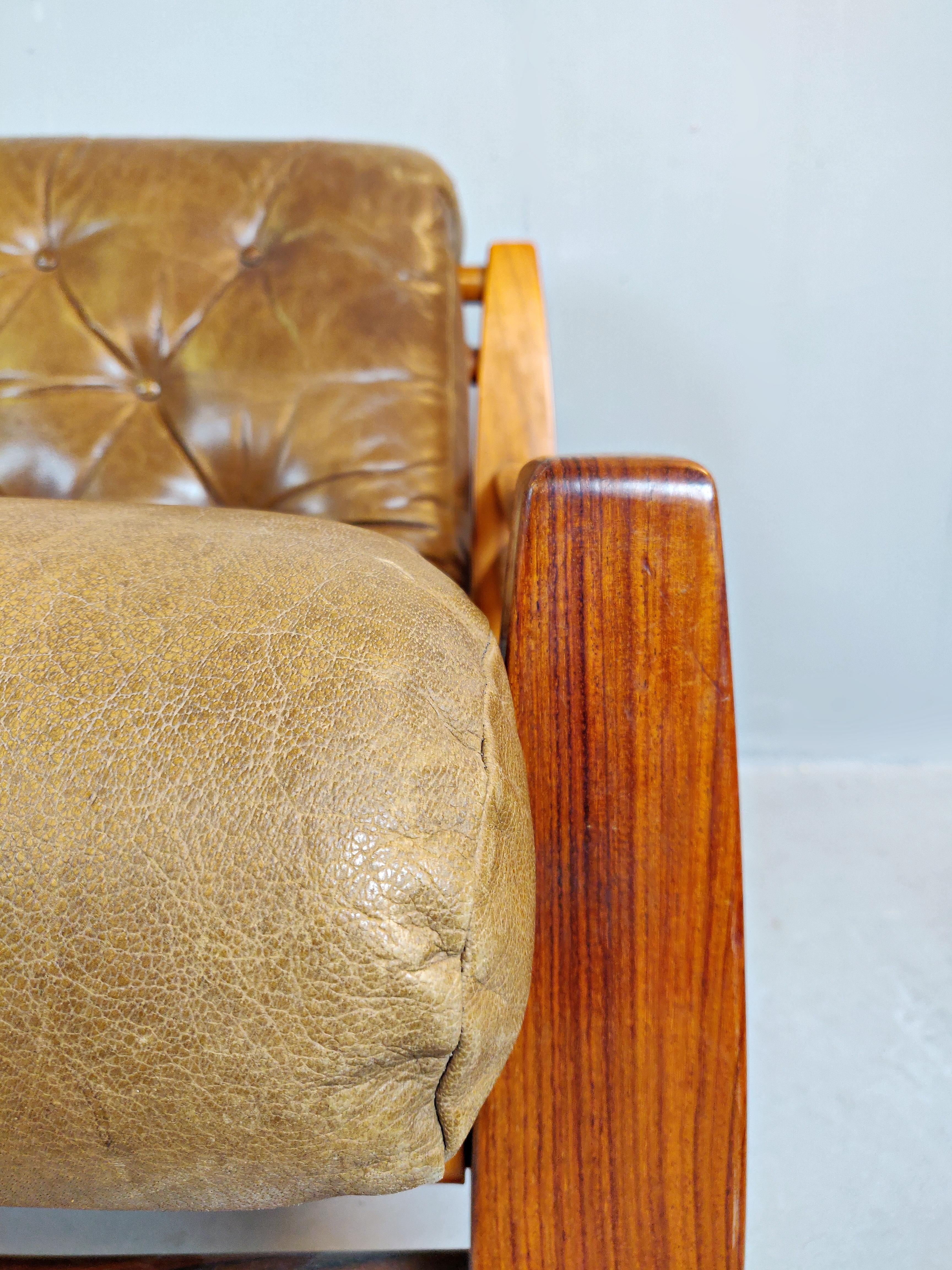 Set of Two Wood and Leather Armchairs with Their Pouf 1