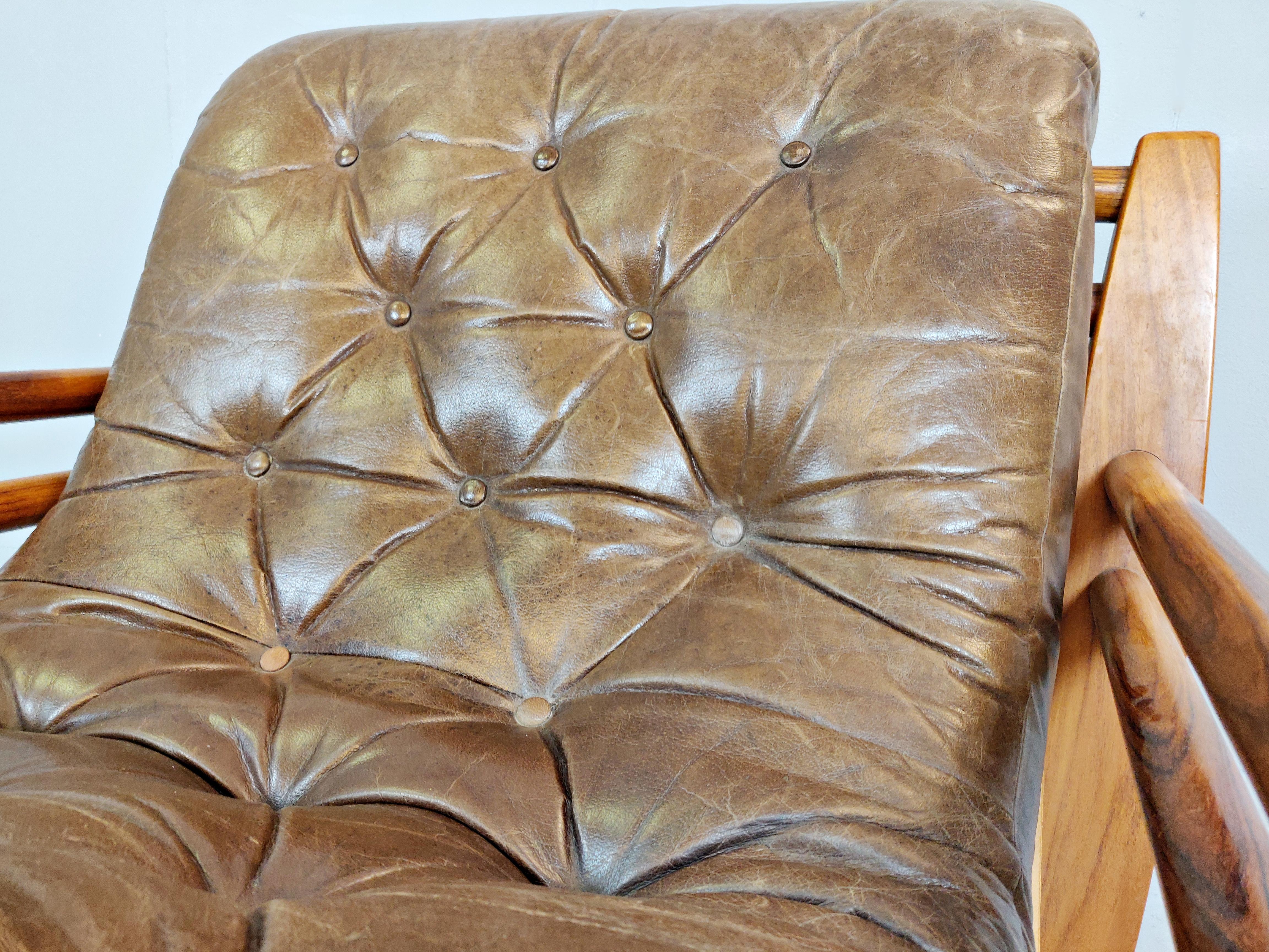 Set of Two Wood and Leather Armchairs with Their Pouf 2