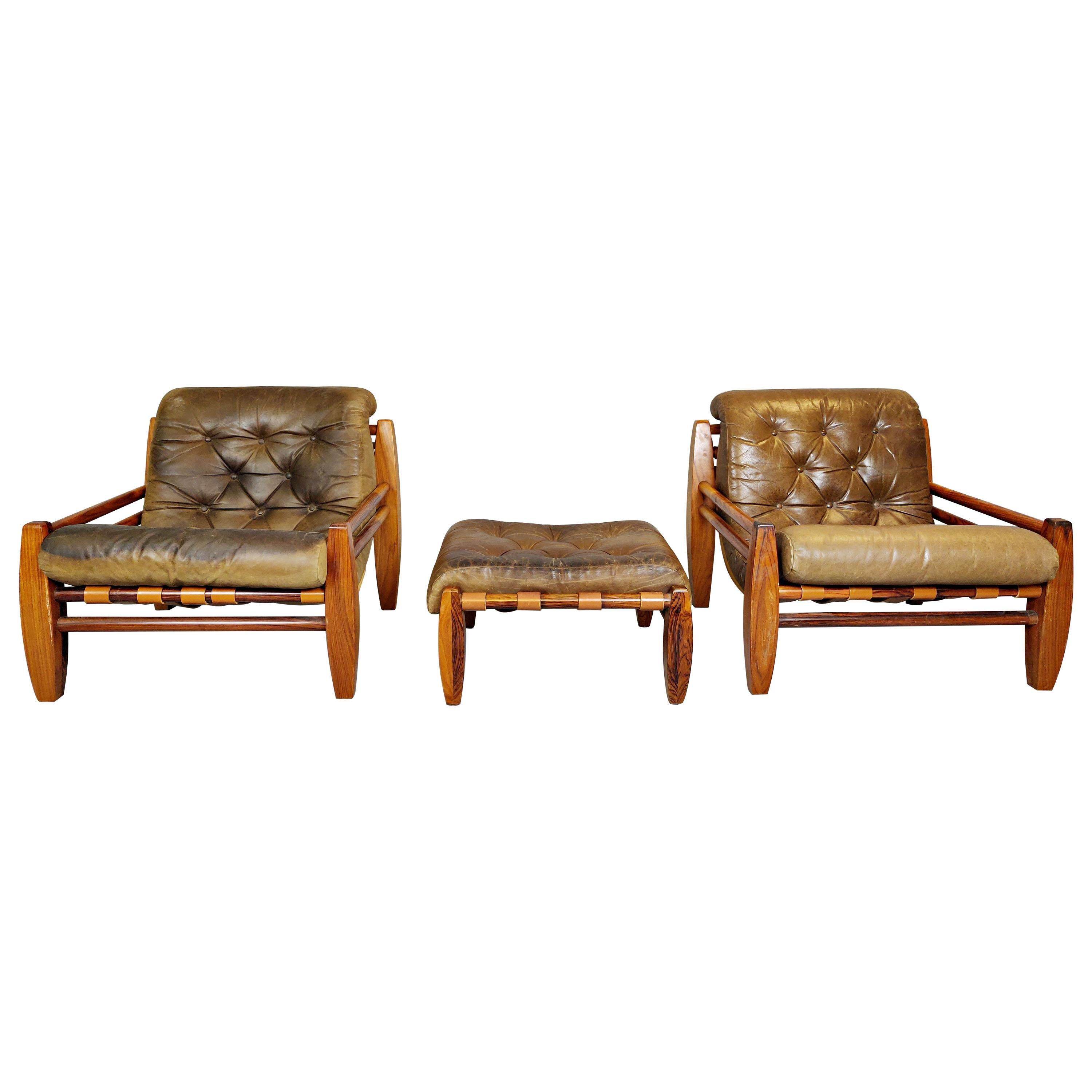 Set of Two Wood and Leather Armchairs with Their Pouf