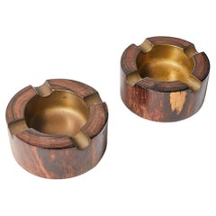 Set of Two Wooden Ashtrays with Insets in Bronze