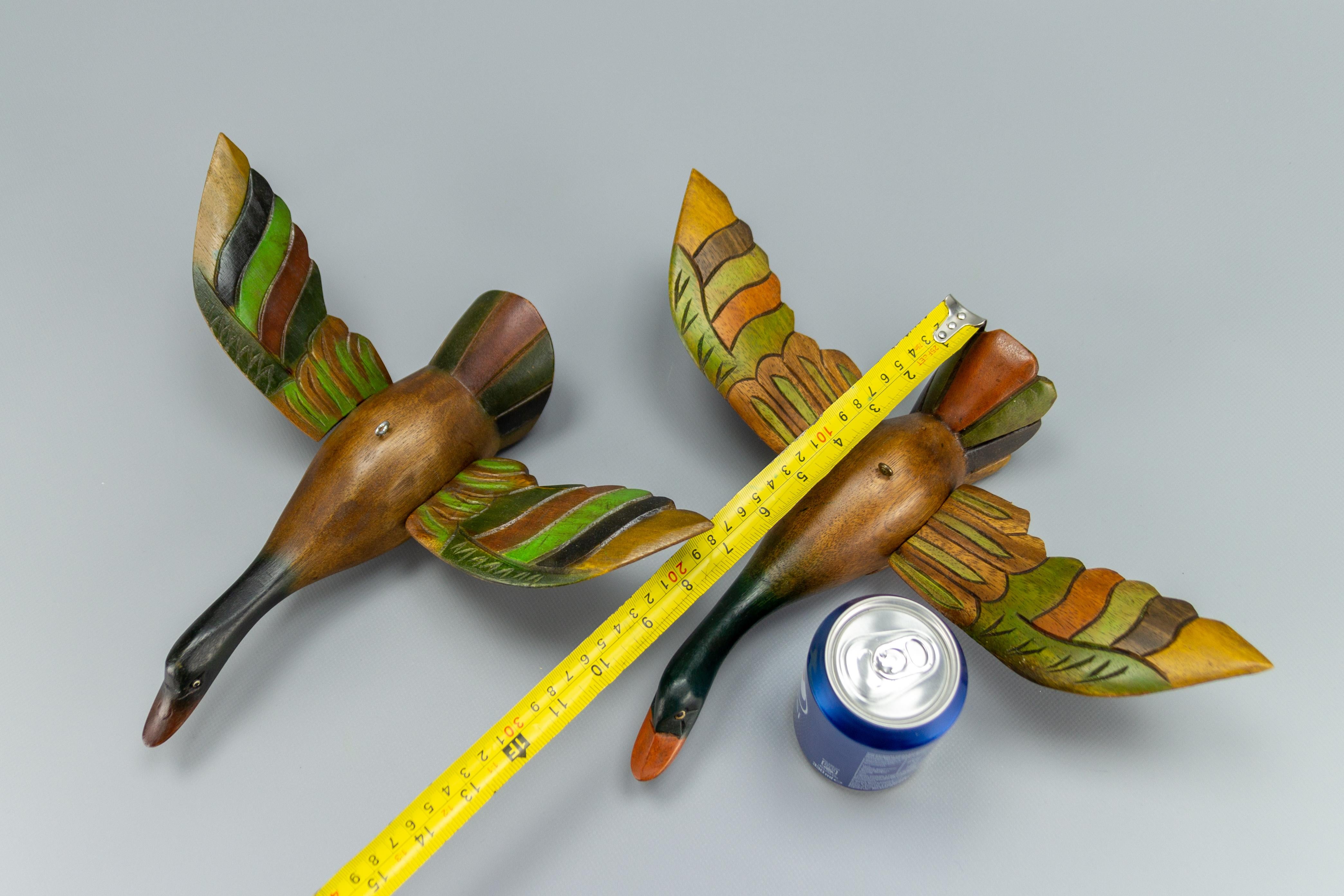 Metal Set of Two Wooden Carved Flying Duck Hanging Figures