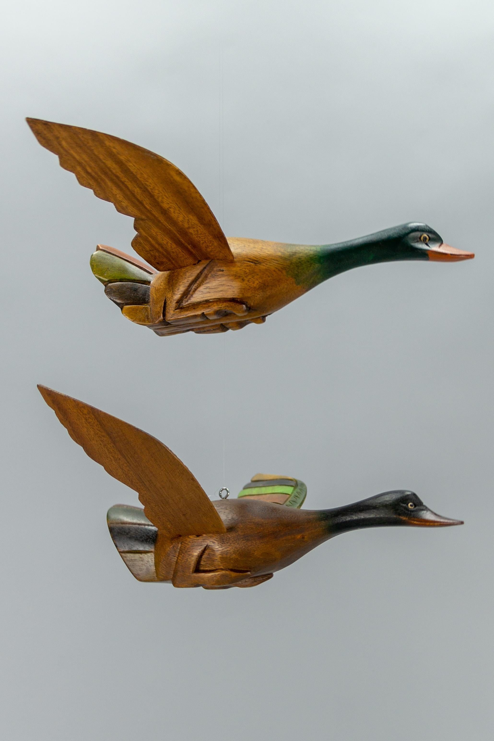 Set of Two Wooden Carved Flying Duck Hanging Figures 7
