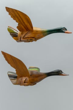 Set of Two Wooden Carved Flying Duck Hanging Figures