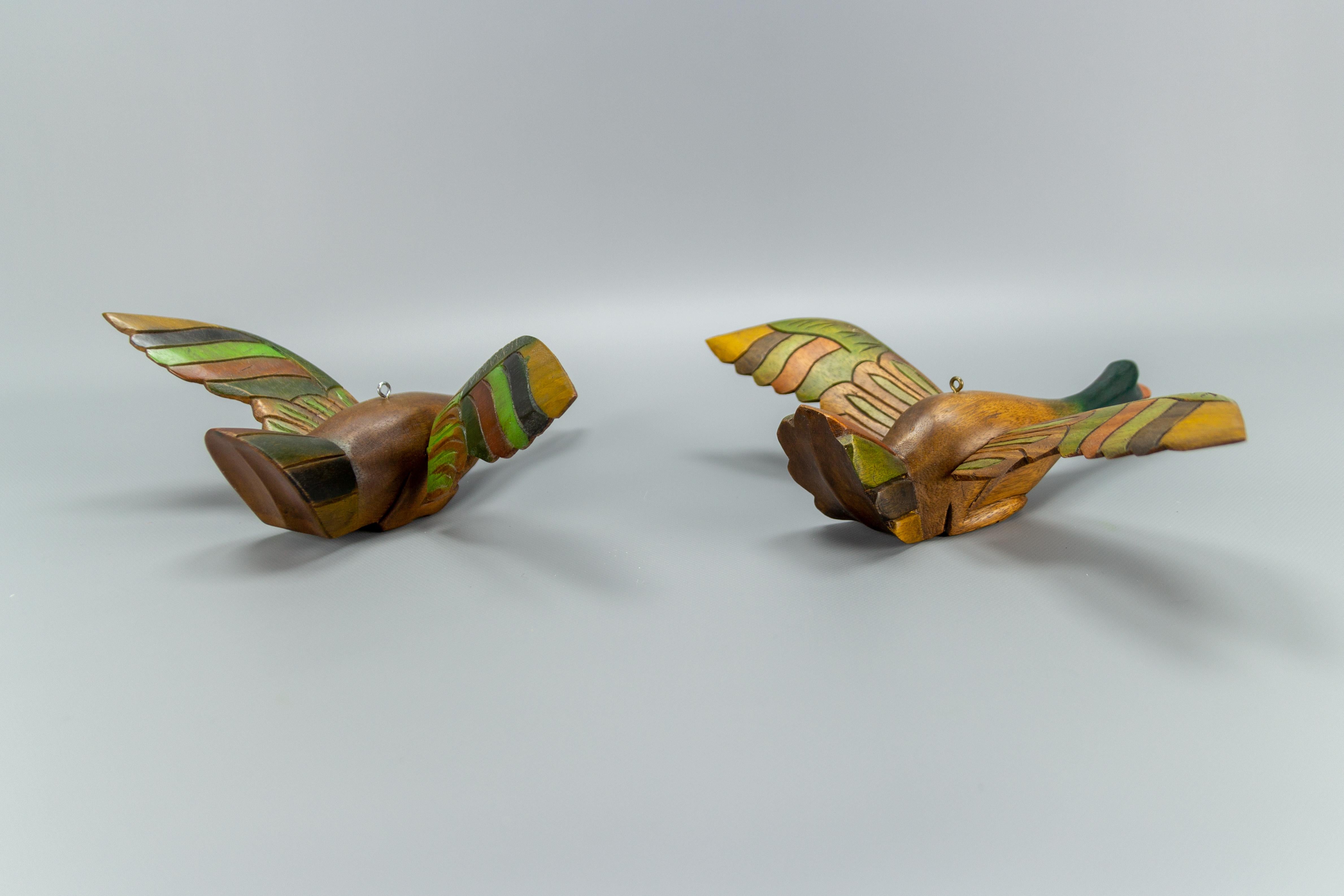 Folk Art Set of Two Wooden Carved Flying Duck Hanging Figures