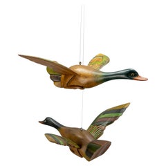 Retro Set of Two Wooden Carved Flying Duck Hanging Figures