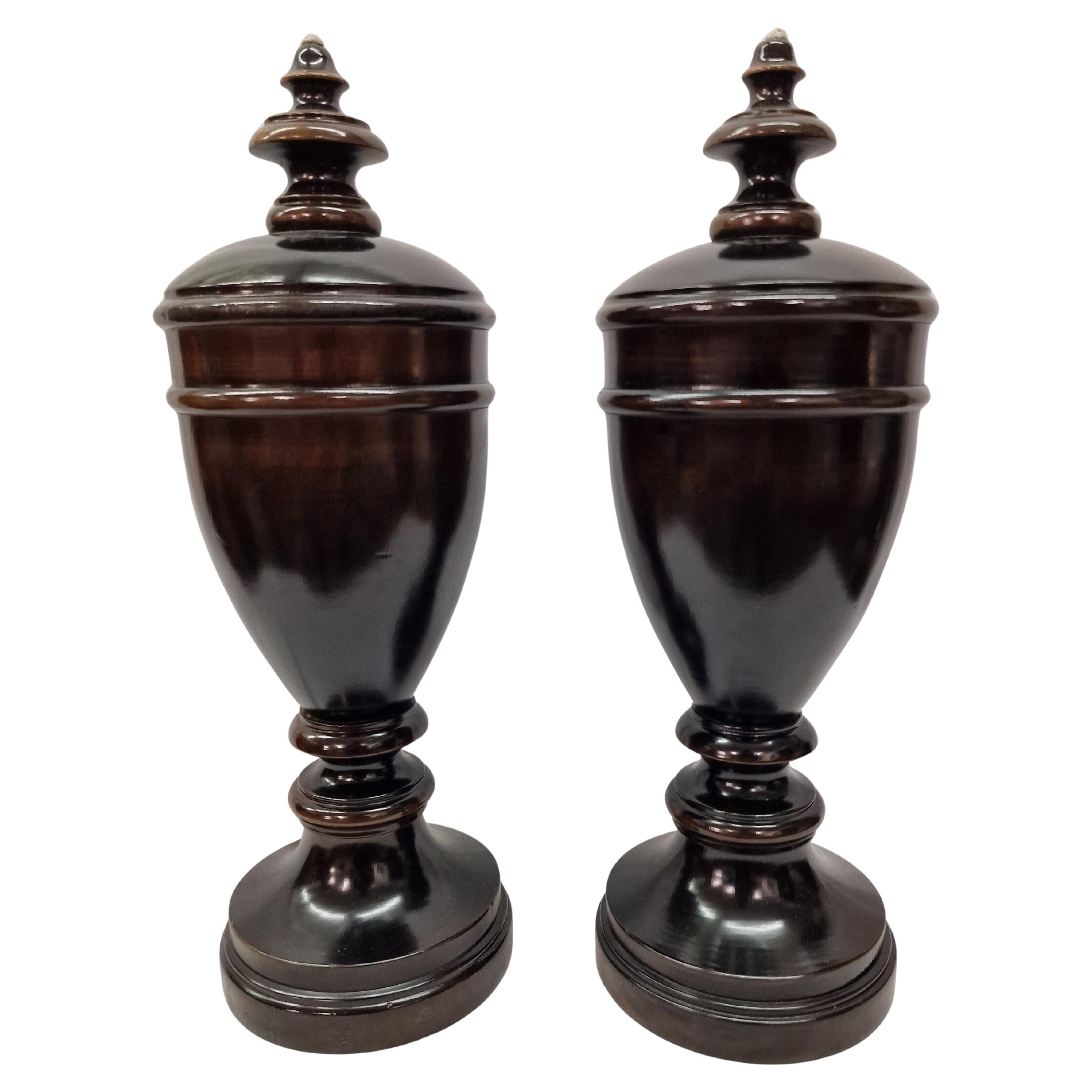 Set of two wooden vases/urns, fruitwood, porcelain, wax seals, 1880, Germany