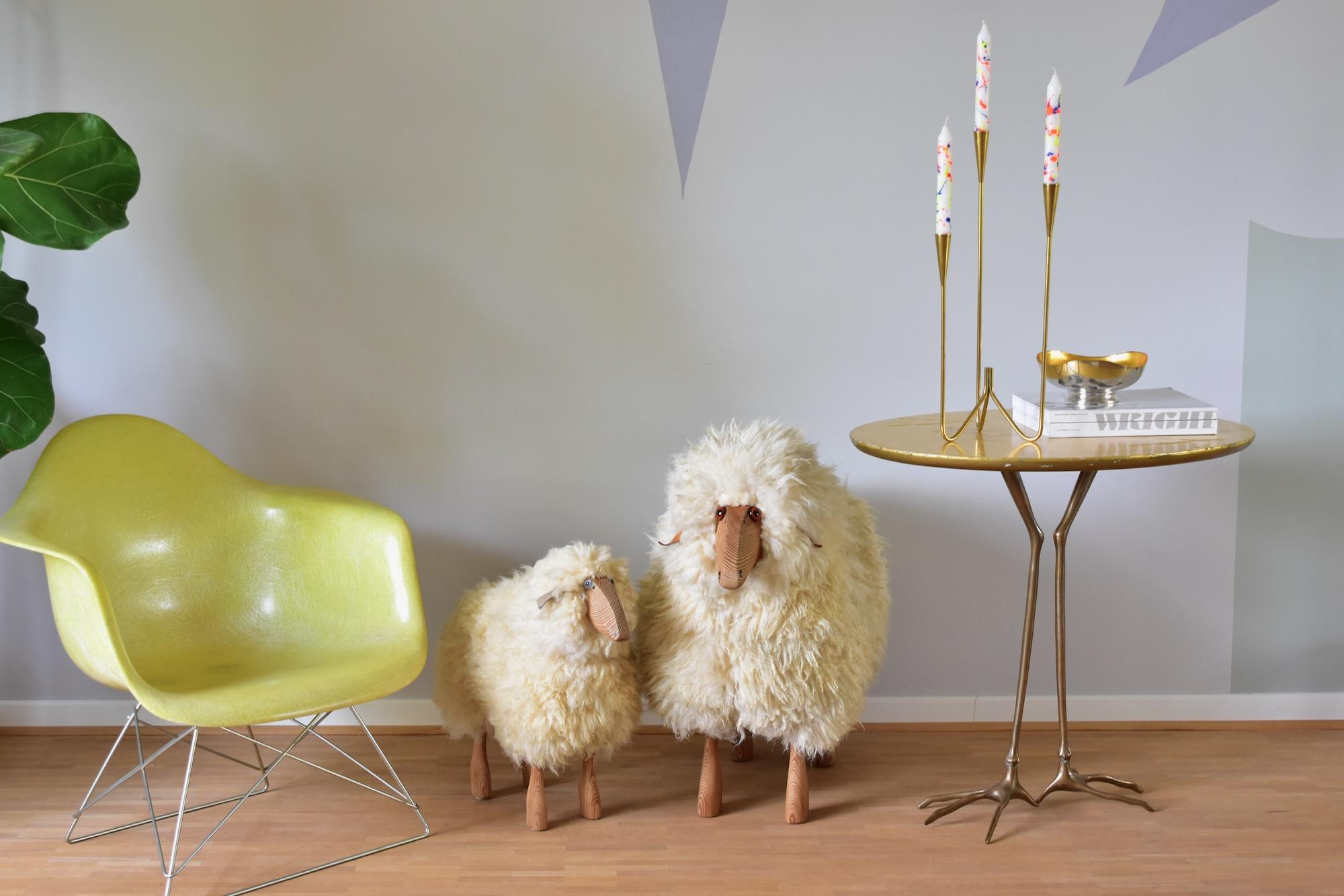 Wool sheeps designed by Hans-Peter Krafft for the German Company Meier. Made almost entirely by hand, the sheep is manufactured like a piece of furniture and is strong enough to be used as a stool.
This life-size sheep is made of pine wood with a