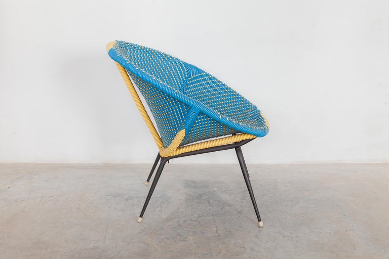 Set of Two Woven Plastic Wicker 1950s Bucket Chairs in Black and Blue