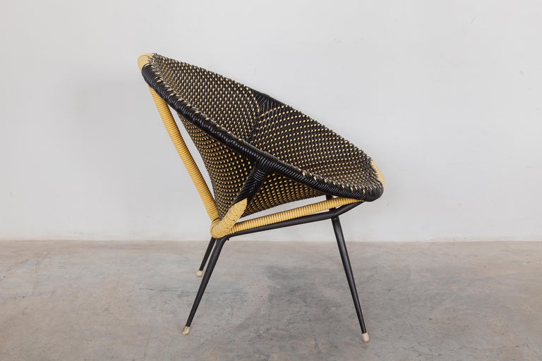 Set of Two Woven Plastic Wicker 1950s Bucket Chairs in Black and Blue