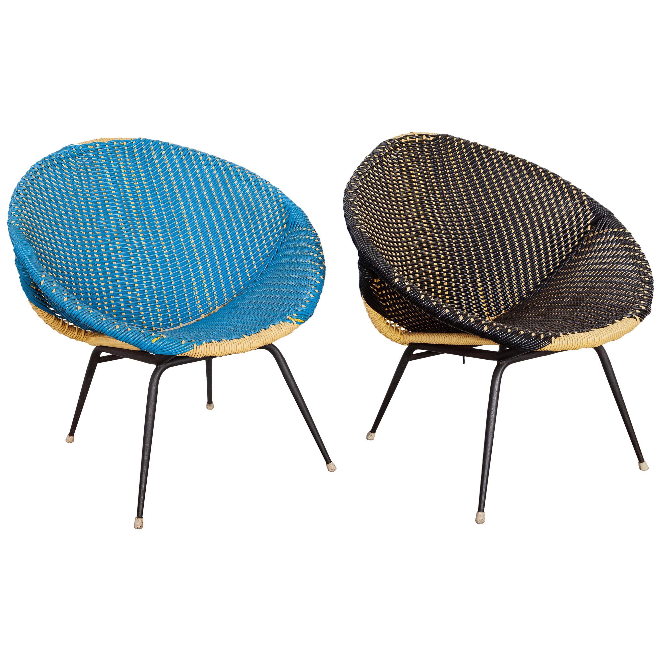 Set of Two Woven Plastic Wicker 1950s Bucket Chairs in Black and Blue