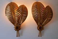 Set of Two Extra Large Gilt Metal Palm Leaf Wall Lamps, Hans Kögl, 1970s Germany