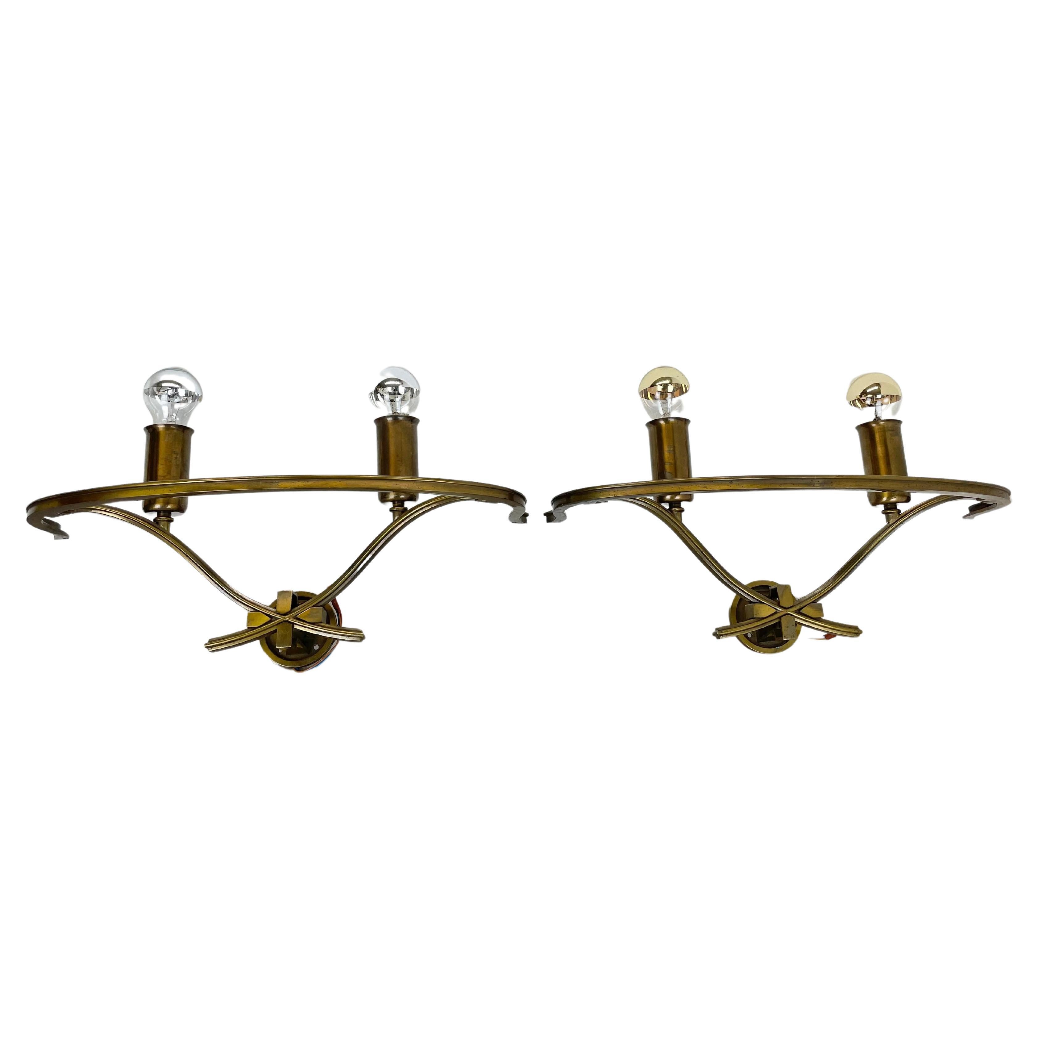 set of two xxl Modernist Brass Floral Theatre Wall Light Sconces, France, 1950 For Sale