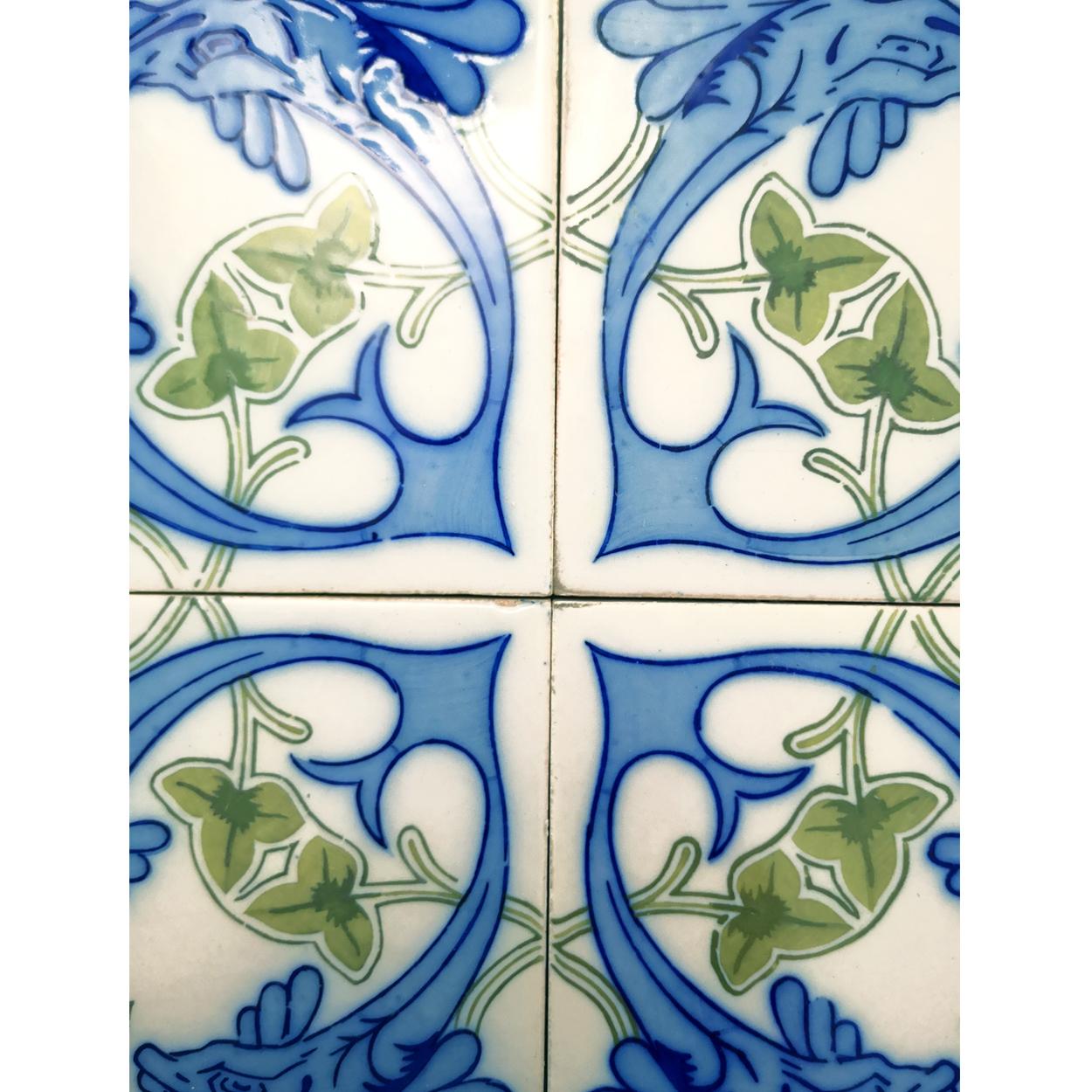 Glazed Set of Unique Antique 32 Ceramic Tiles with Fisch by Onda, Spain, circa 1900 For Sale