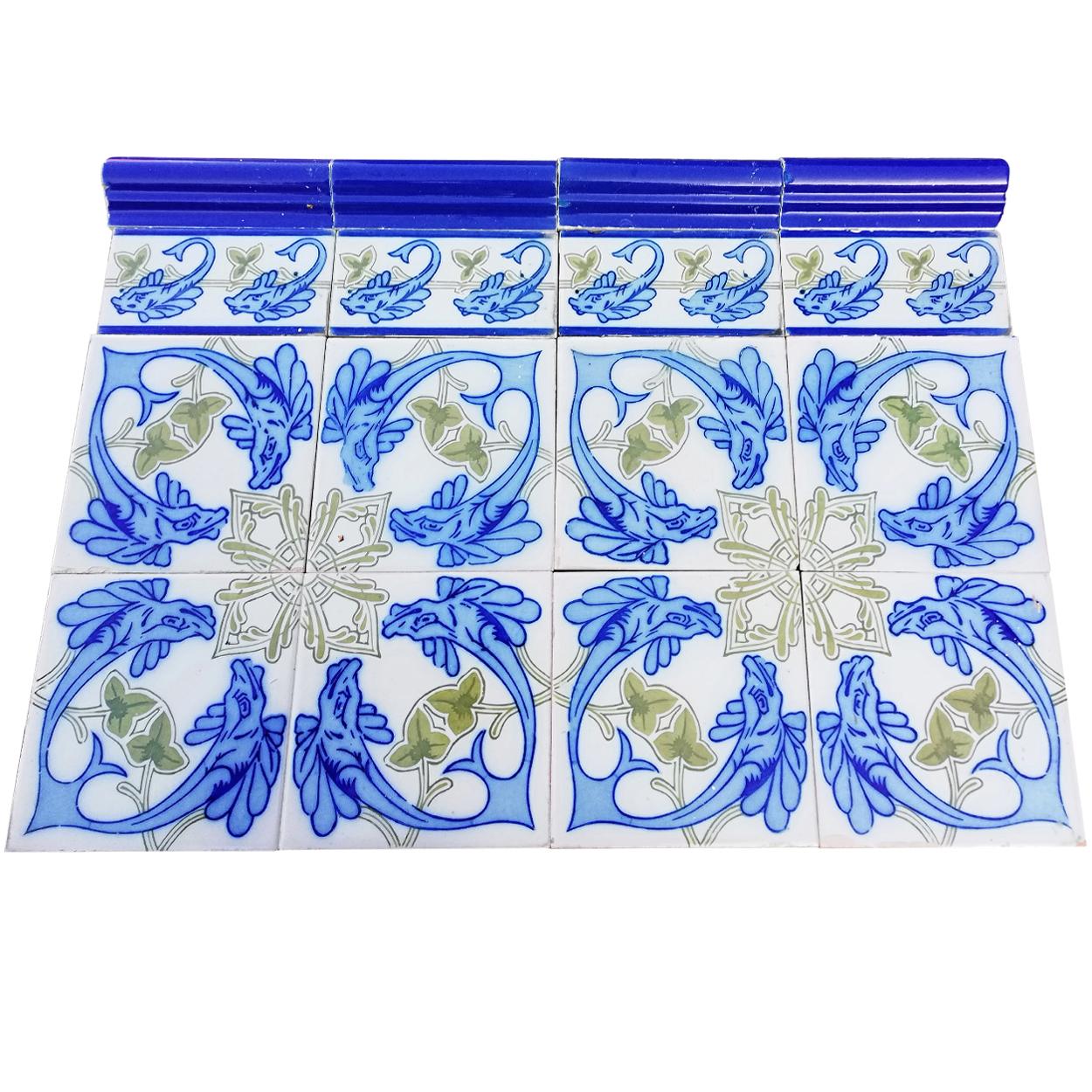 Early 20th Century Set of Unique Antique 32 Ceramic Tiles with Fisch by Onda, Spain, circa 1900 For Sale