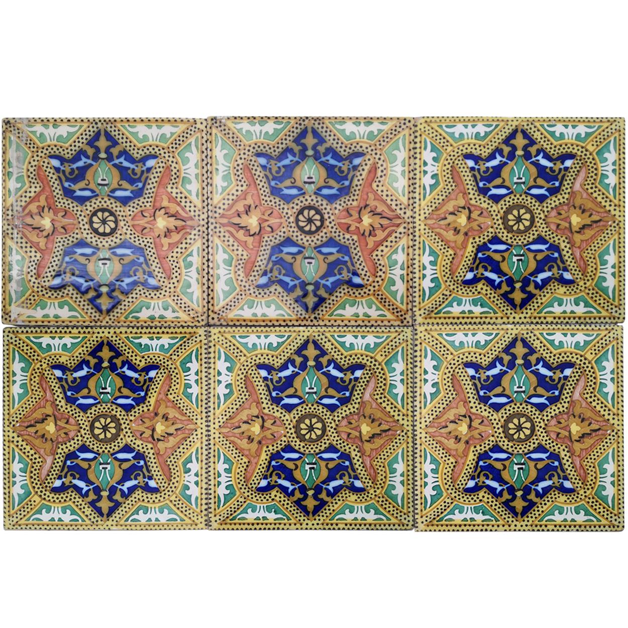 Art Nouveau Set of Unique Antique Six Ceramic Tiles, Onda, Spain Valencia, circa 1900
