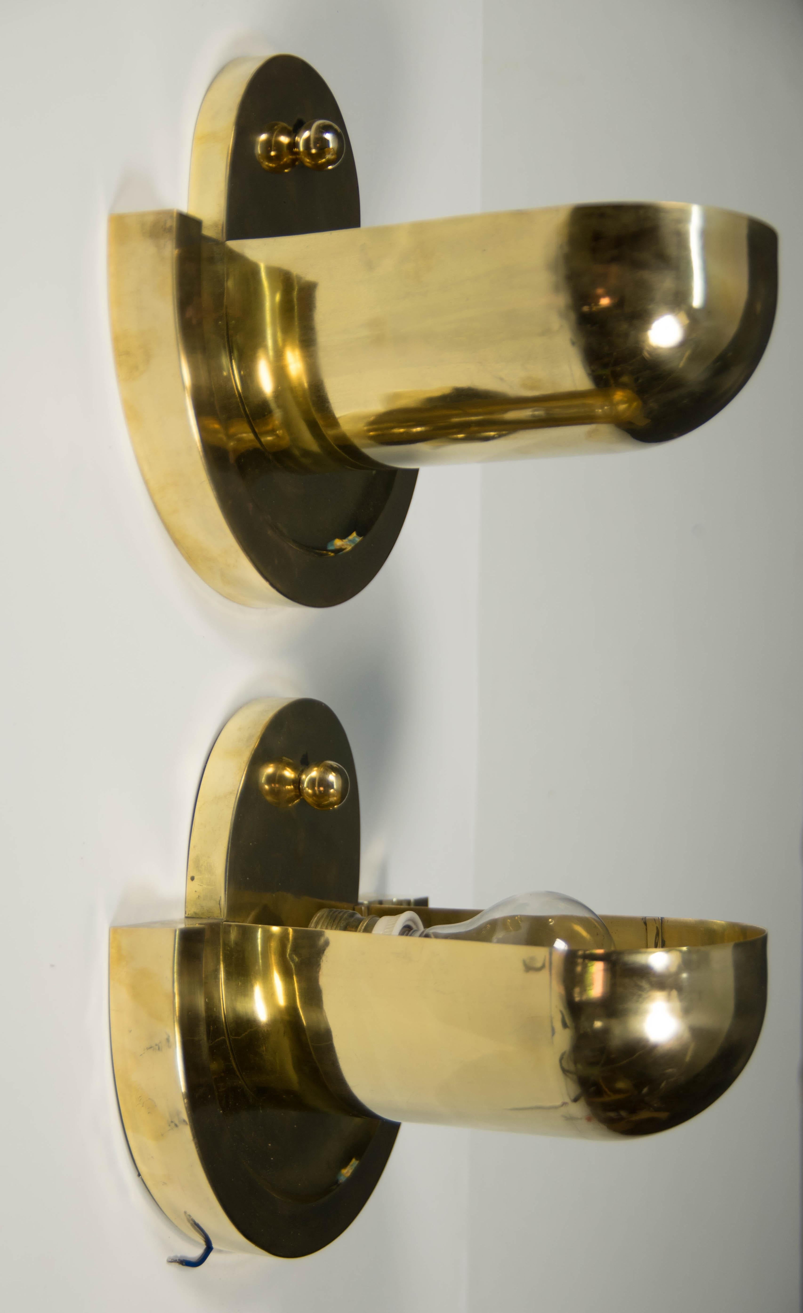 Very rare brass wall lamps come from house in cubistic style. Beautiful clean and simple rondocubist lines. Attributed to Josef Gocár, Polished, rewired. Original brass and ceramic sockets: E25-E27. US wiring compatible.