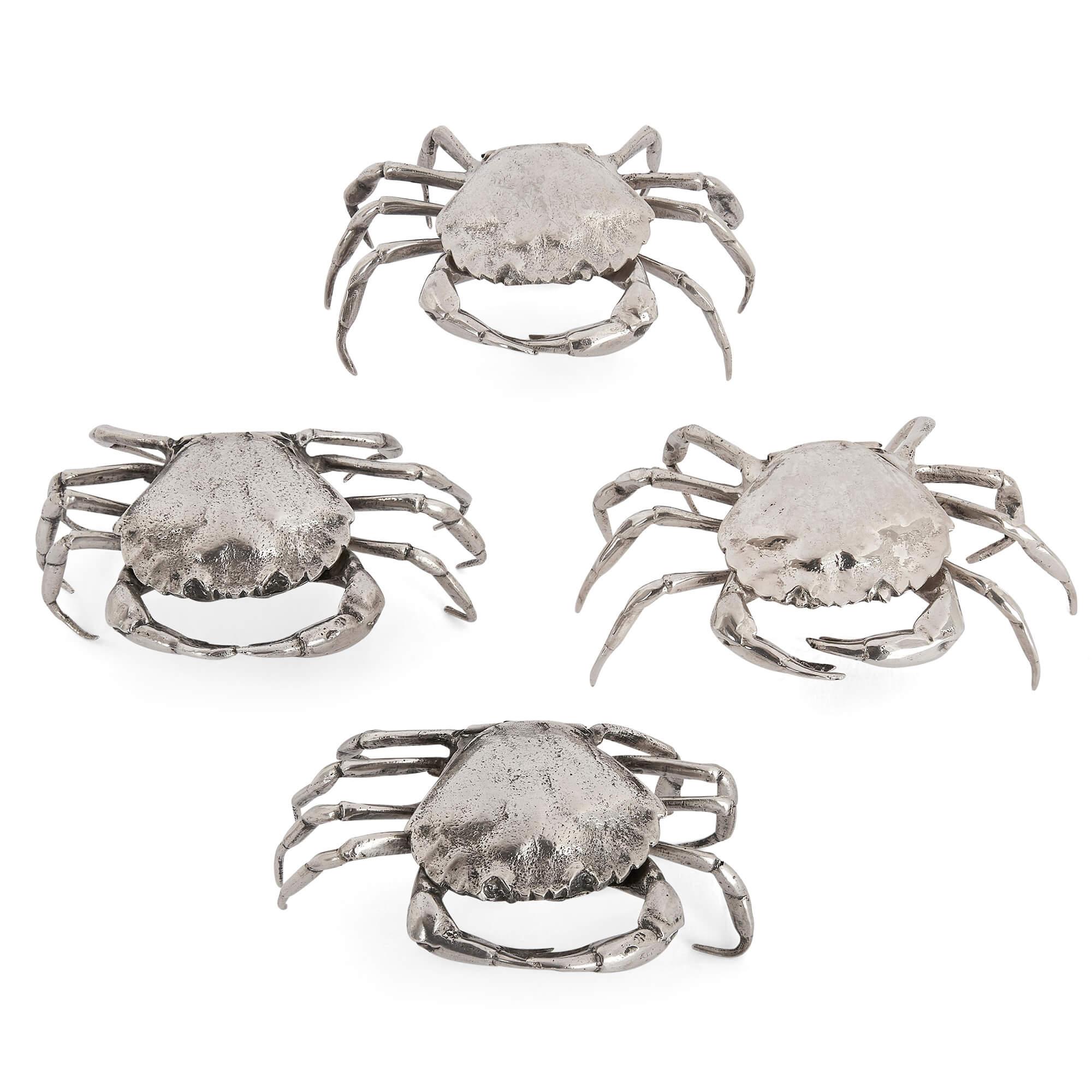Set of unusual Spanish crab boxes in solid silver
Spanish, 20th Century
Height 4cm, width 9cm, depth 7cm

The delightful boxes in this set of four are crafted from silver in the distinctive form of crabs. Each box is naturalistically modelled as
