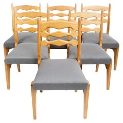 Set of Upholstered Oak Dining Chairs by Guillerme et Chambron, France, c. 1970s