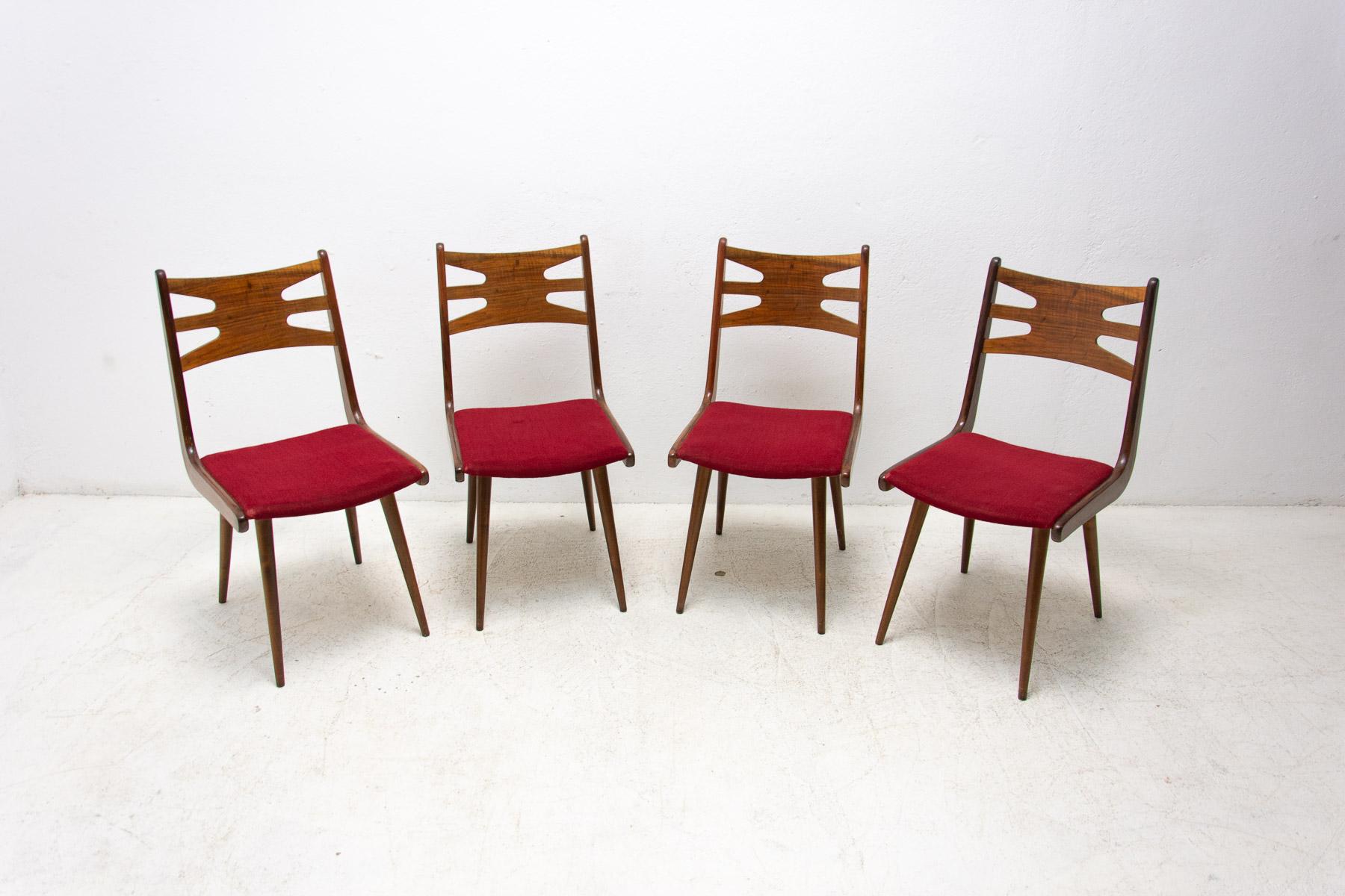 Mid-Century Modern Set of Upholstered Walnut Dining Chairs, 1970s, Czechoslovakia For Sale