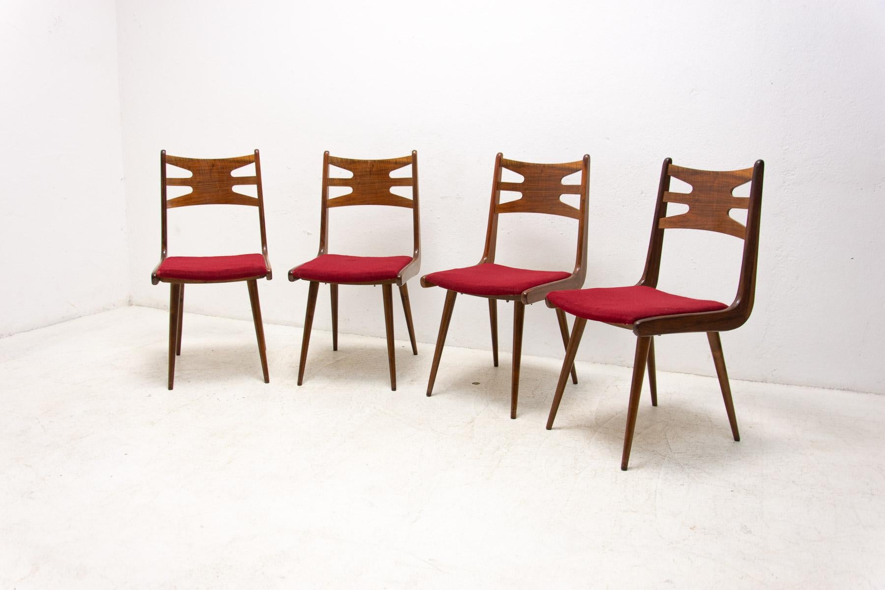 20th Century Set of Upholstered Walnut Dining Chairs, 1970s, Czechoslovakia For Sale