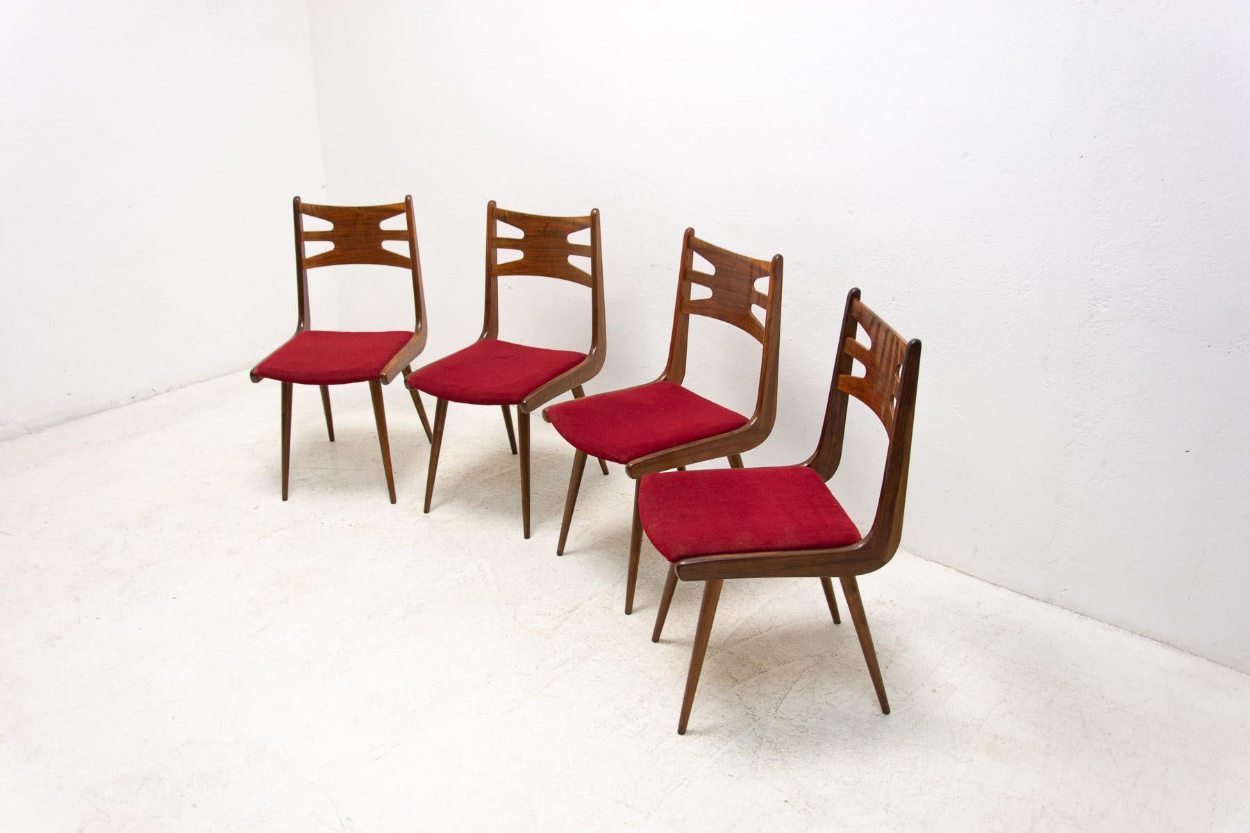 Fabric Set of Upholstered Walnut Dining Chairs, 1970s, Czechoslovakia For Sale