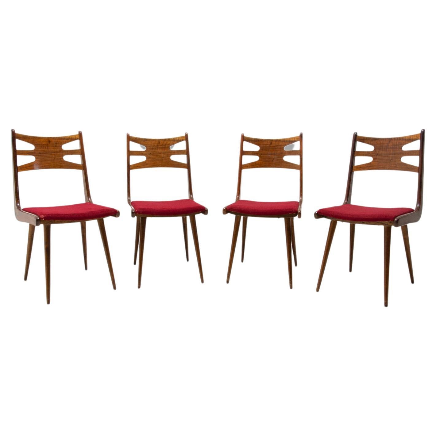 Set of Upholstered Walnut Dining Chairs, 1970s, Czechoslovakia For Sale