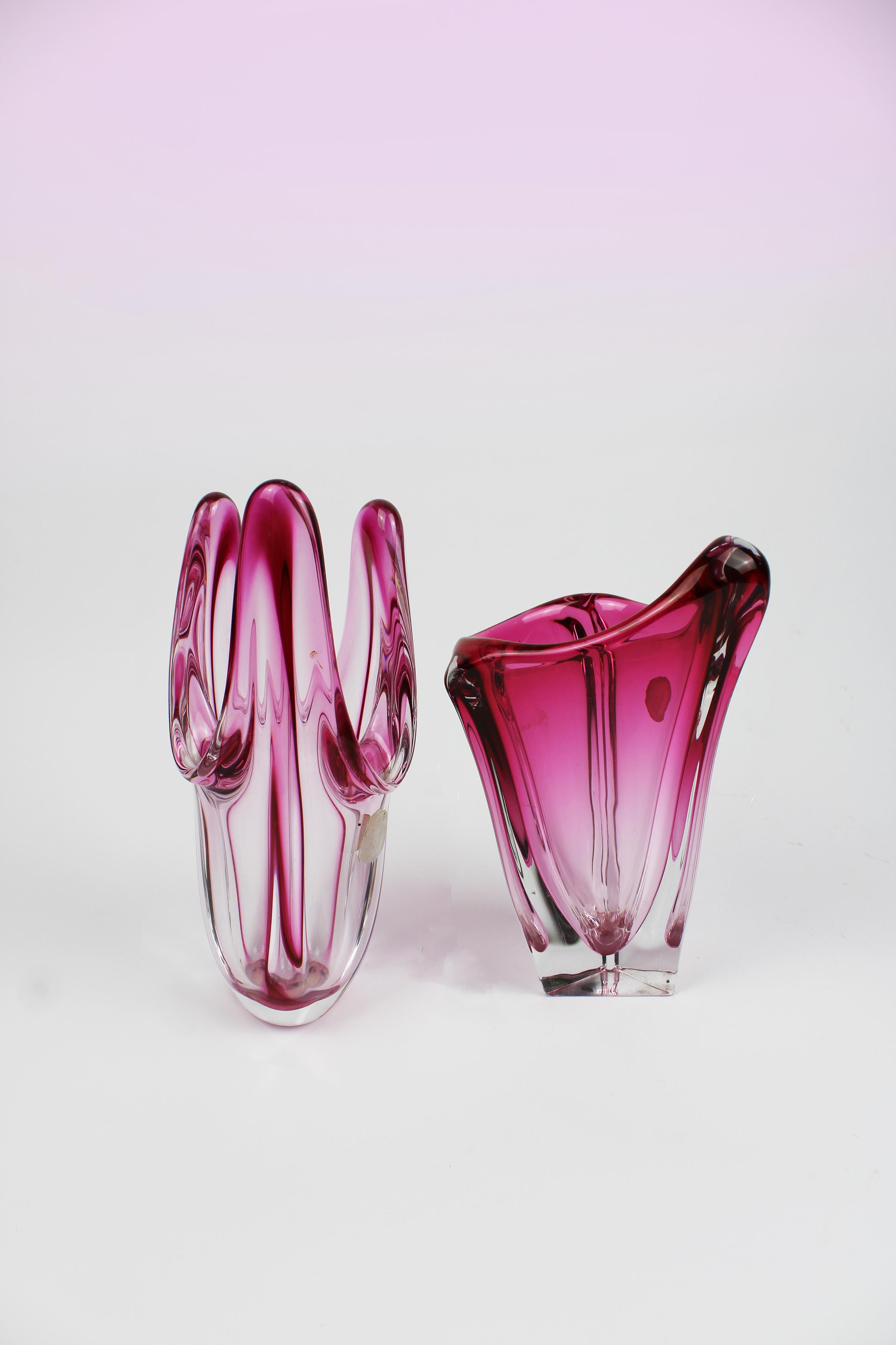 Belgian Set of Val St Lambert Vases Crystal Art Glass Pink 1970's Belgium For Sale