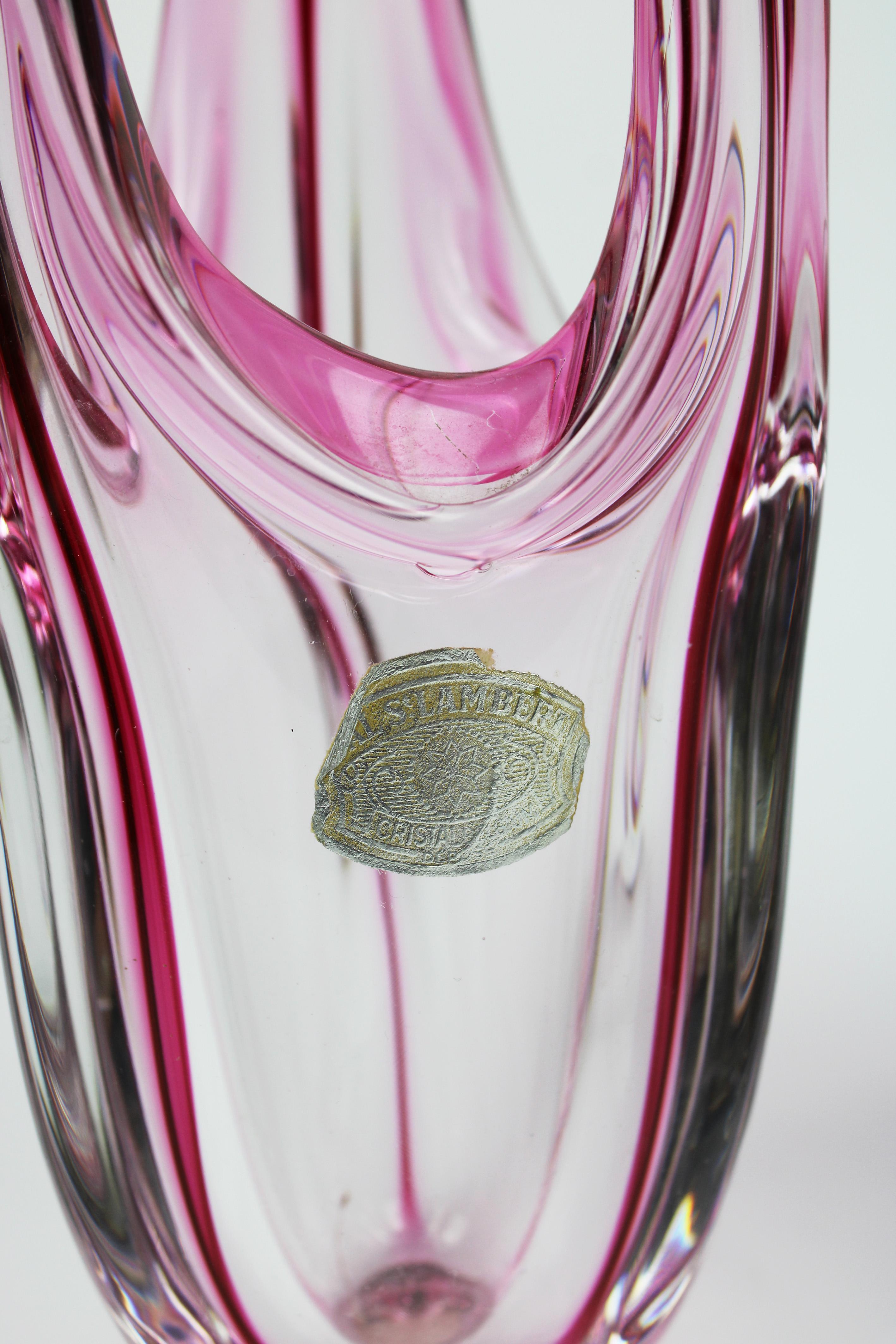 Late 20th Century Set of Val St Lambert Vases Crystal Art Glass Pink 1970's Belgium For Sale