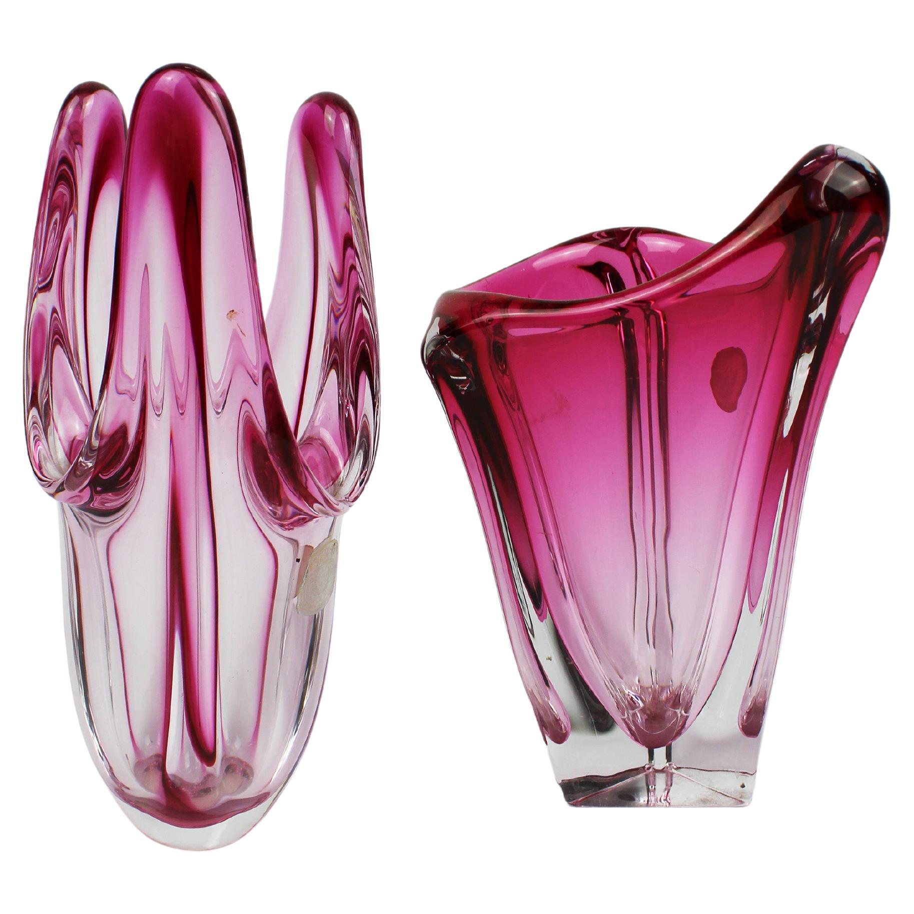 Set of Val St Lambert Vases Crystal Art Glass Pink 1970's Belgium