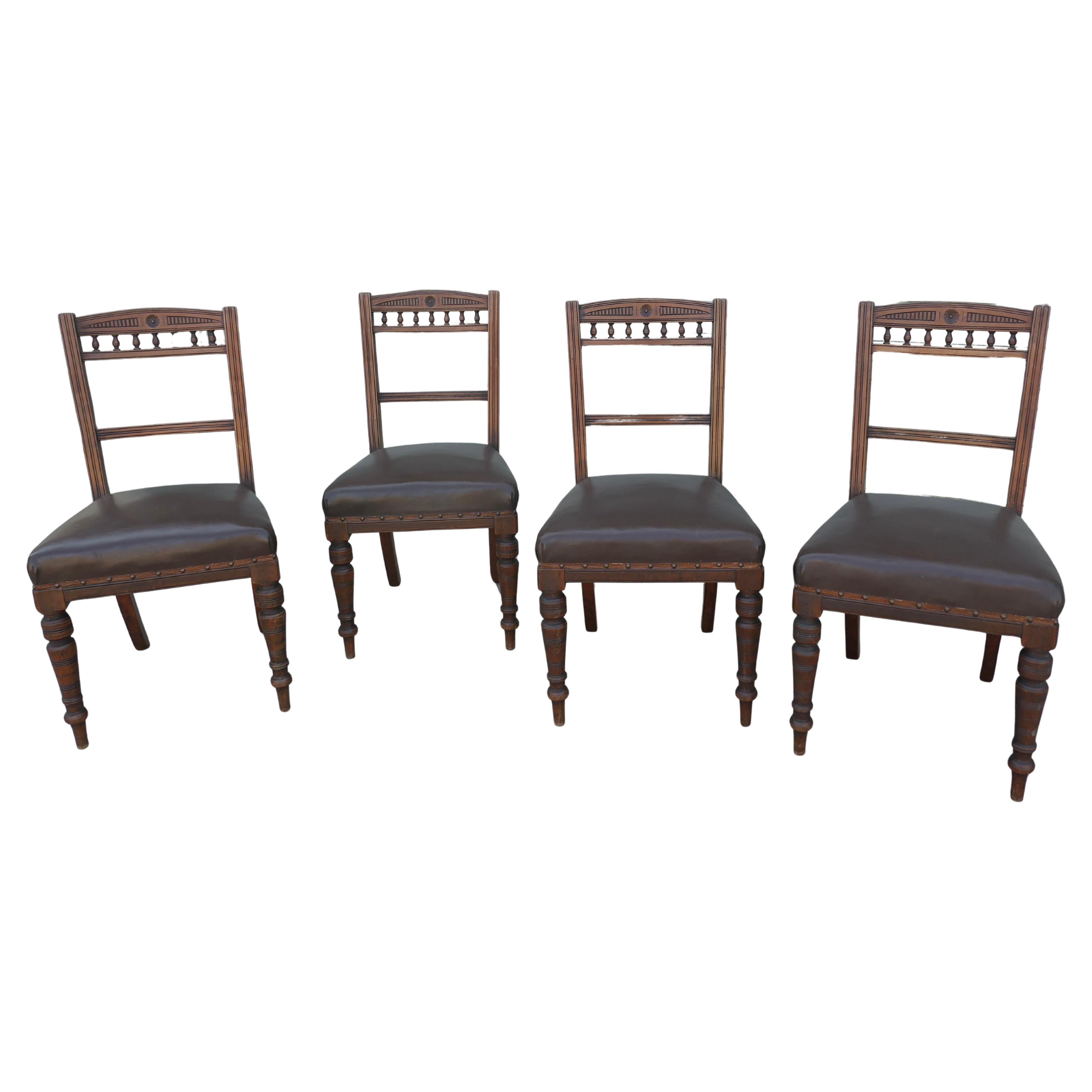 Set of Very Heavy 4 Edwardian Carved Oak and Leather  Dining Chairs