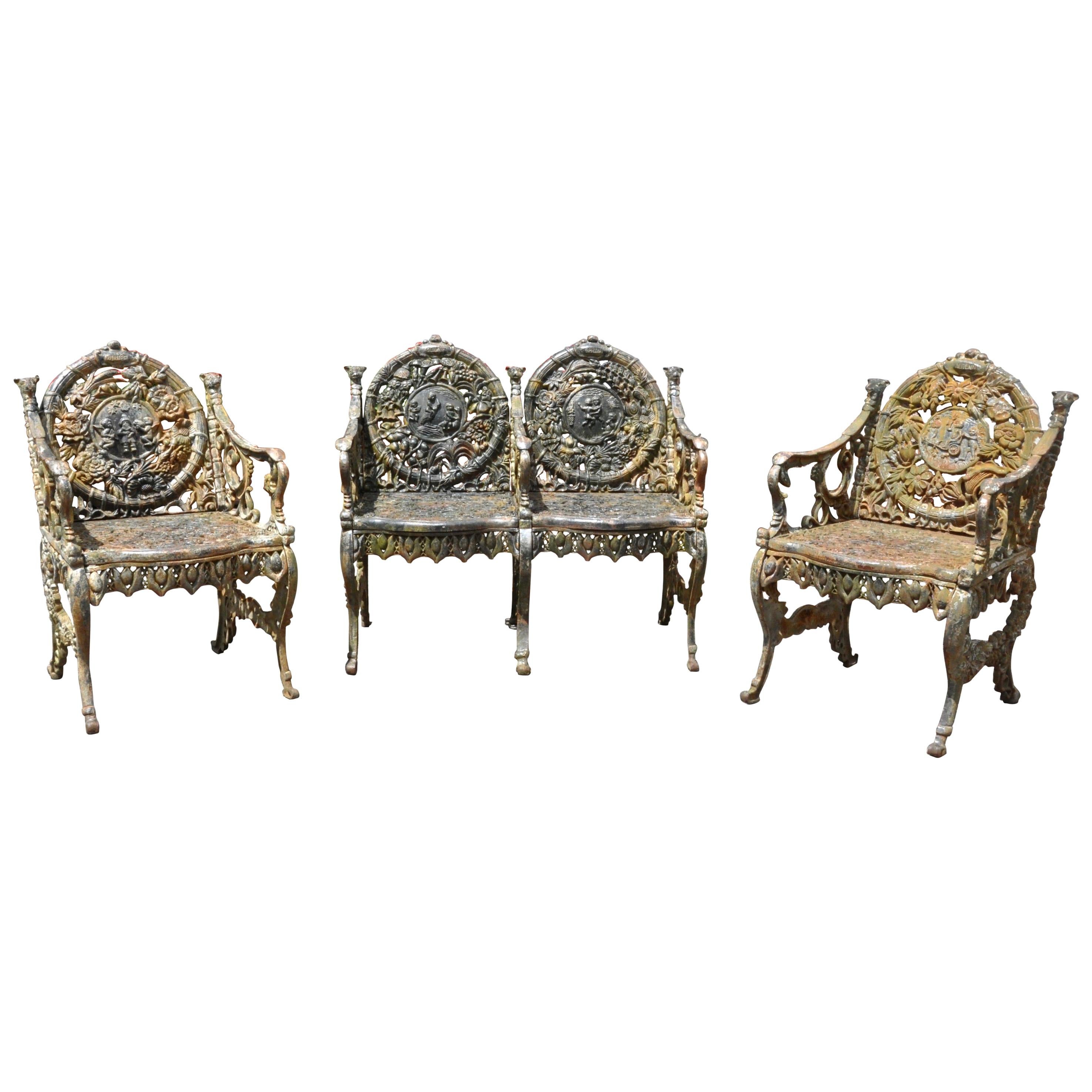 Set of Victorian Cast Iron "Four Seasons" Garden Seat Furniture by Northampton