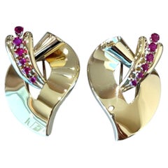 Set di fermagli vintage anni '40 in oro 14 carati con rubino retrò